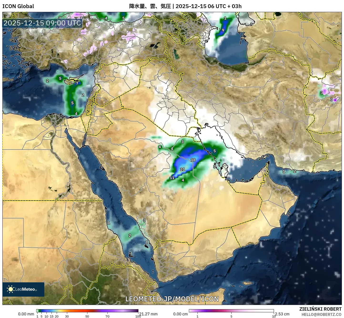 ICON model - 中東, 降水量、雲、気圧