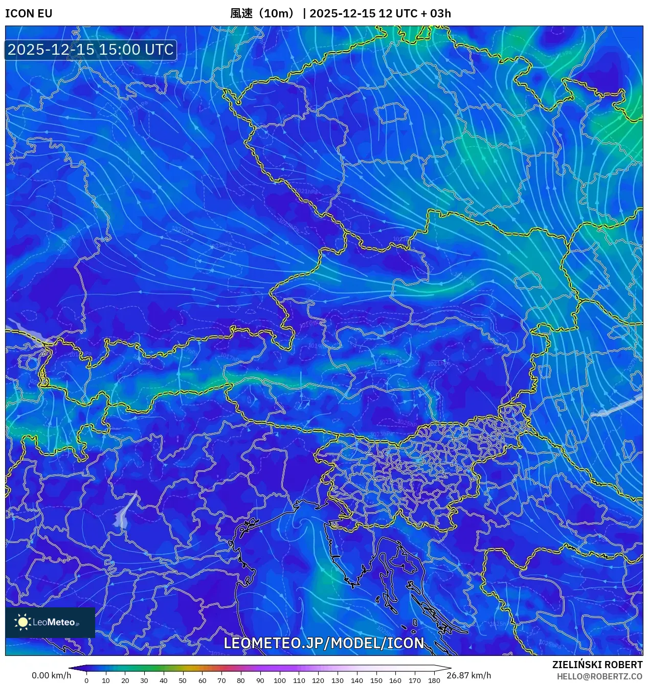 ICON model - オーストリア, 風速（10m）