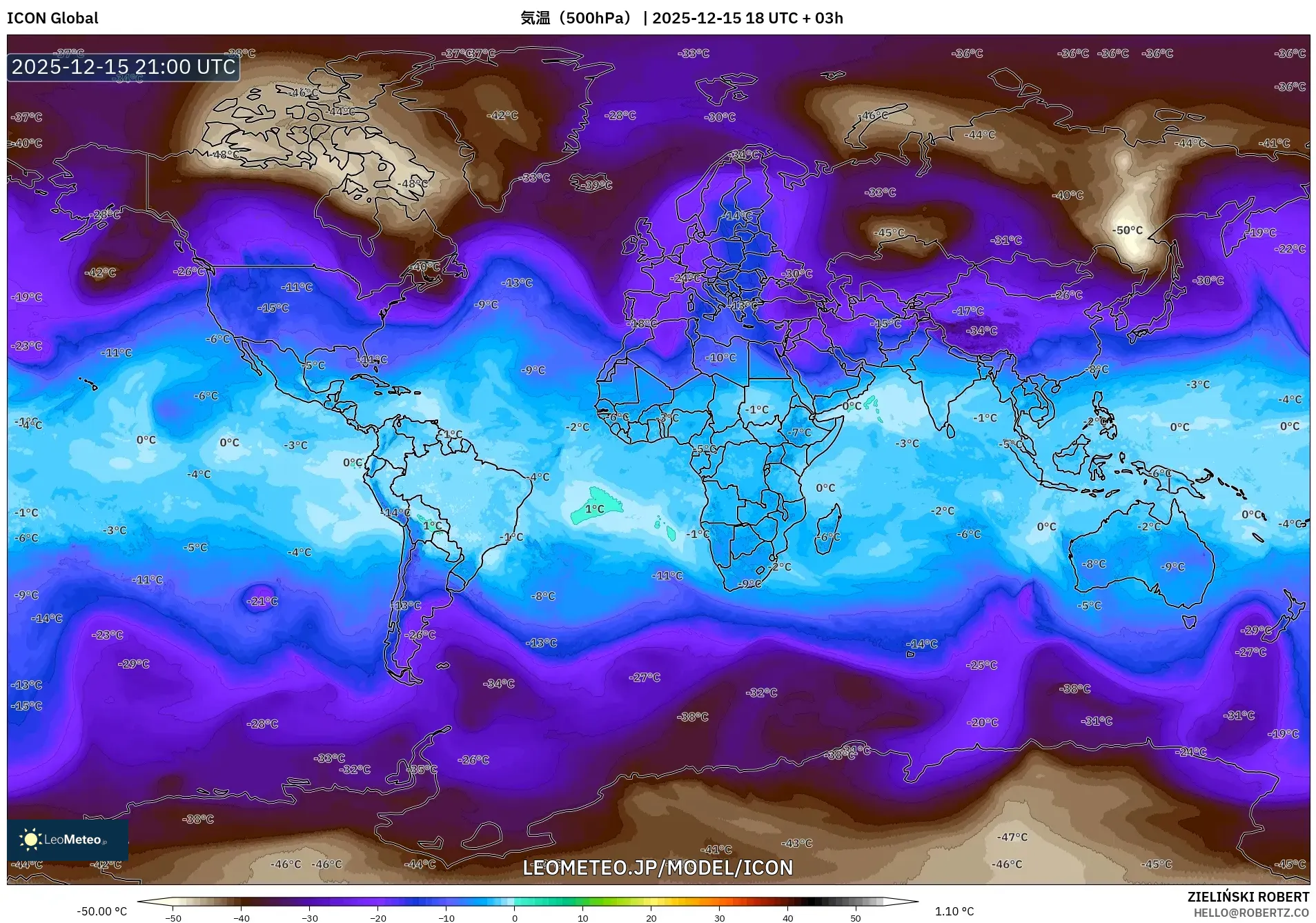 ICON model - 世界, 気温（500hPa）