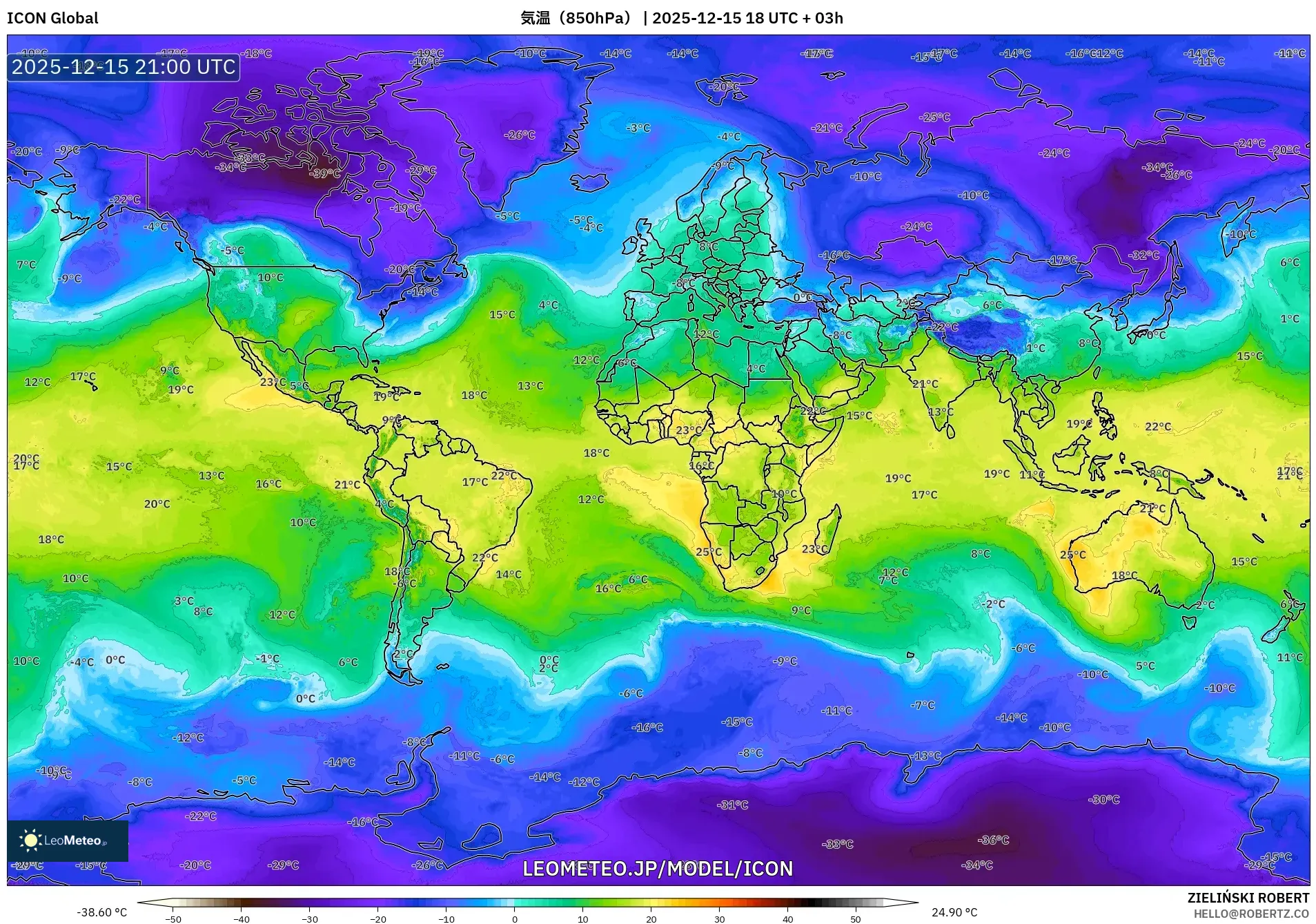 ICON model - 世界, 気温（850hPa）