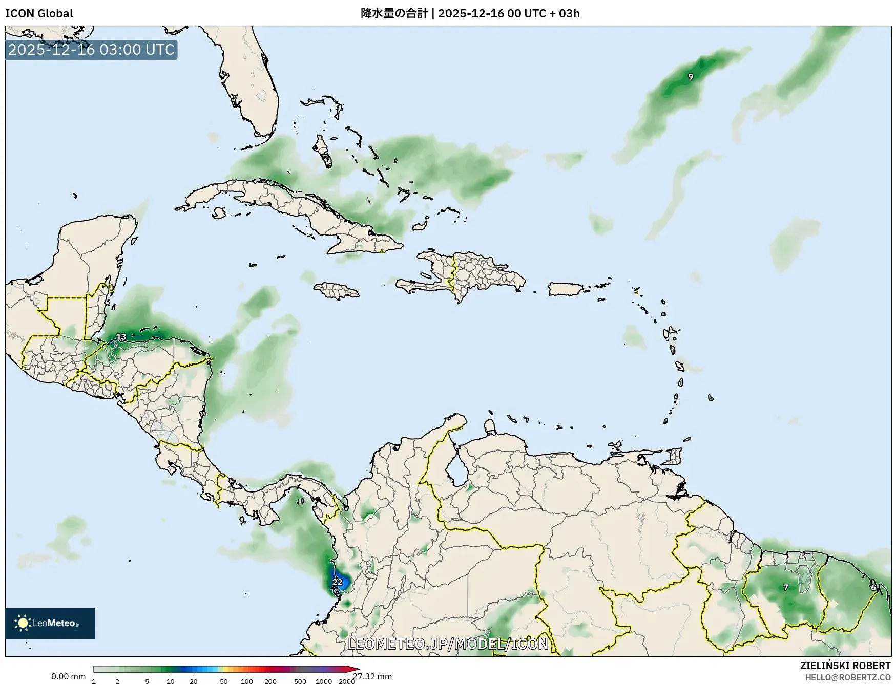 ICON model - カリブ海, 降水量の合計
