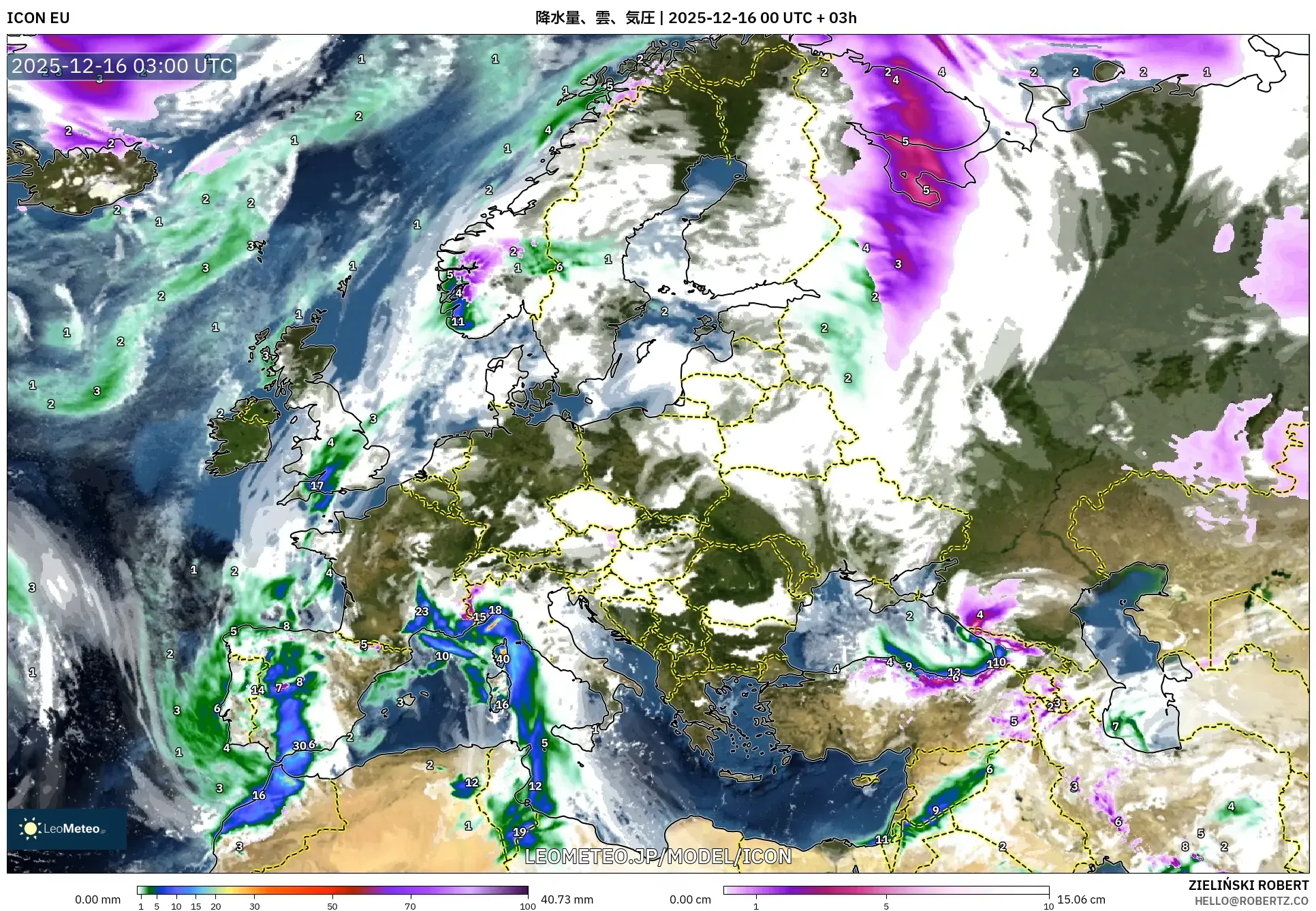 ICON model - ヨーロッパ, 降水量、雲、気圧