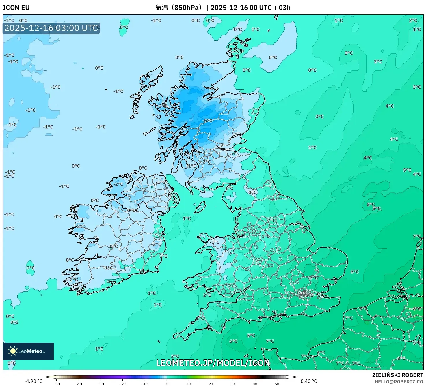 ICON model - イギリス, 気温（850hPa）