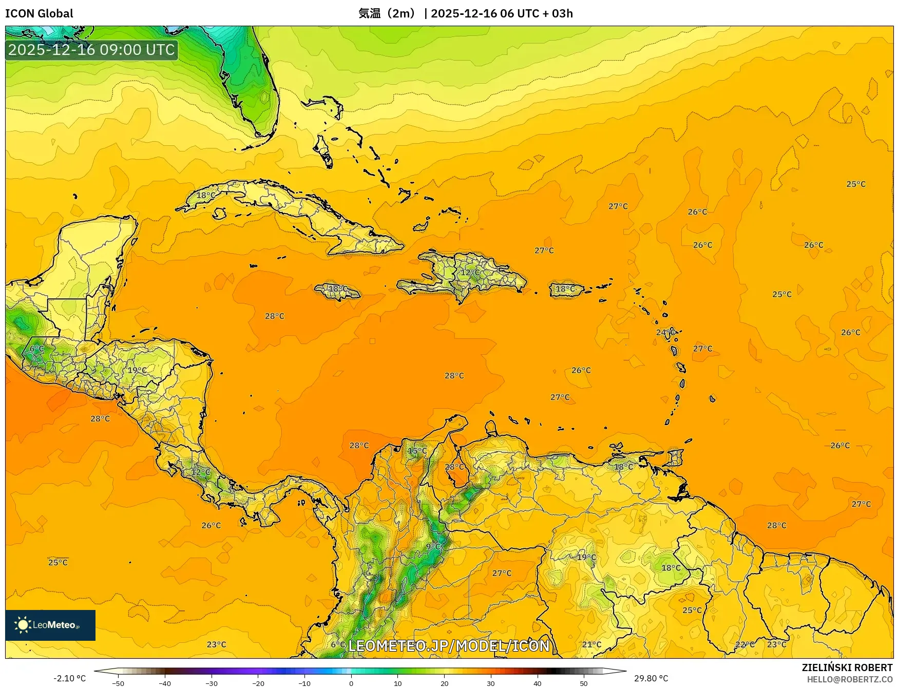 ICON model - カリブ海, 気温（2m）