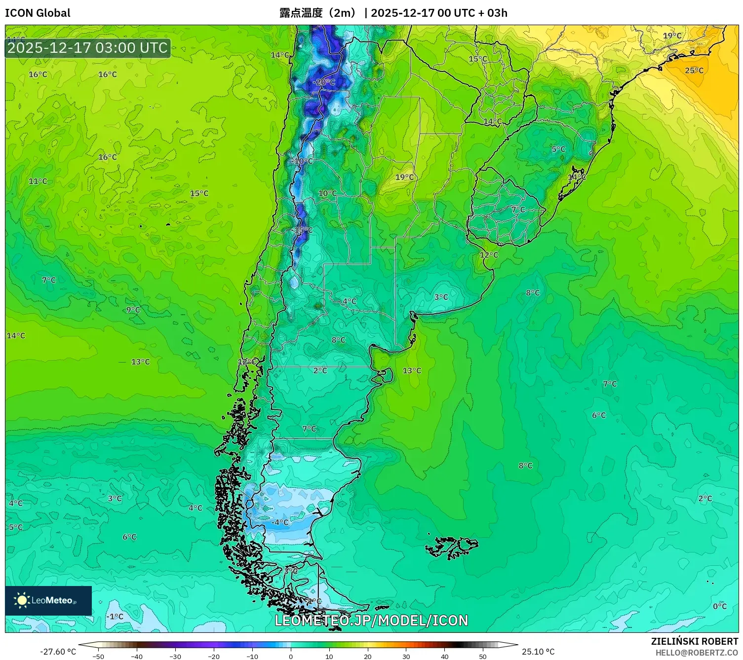 ICON model - アルゼンチン, 露点温度（2m）