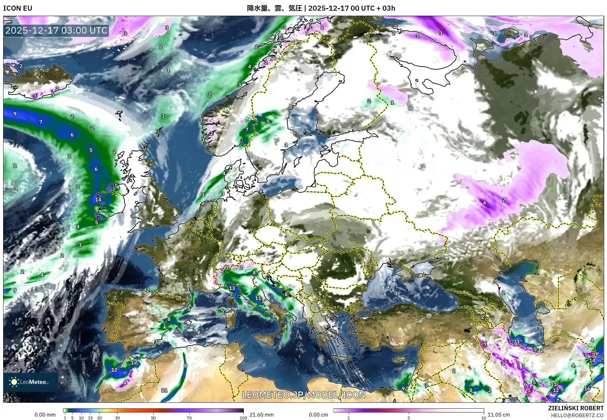 ICON model - ヨーロッパ, 降水量、雲、気圧