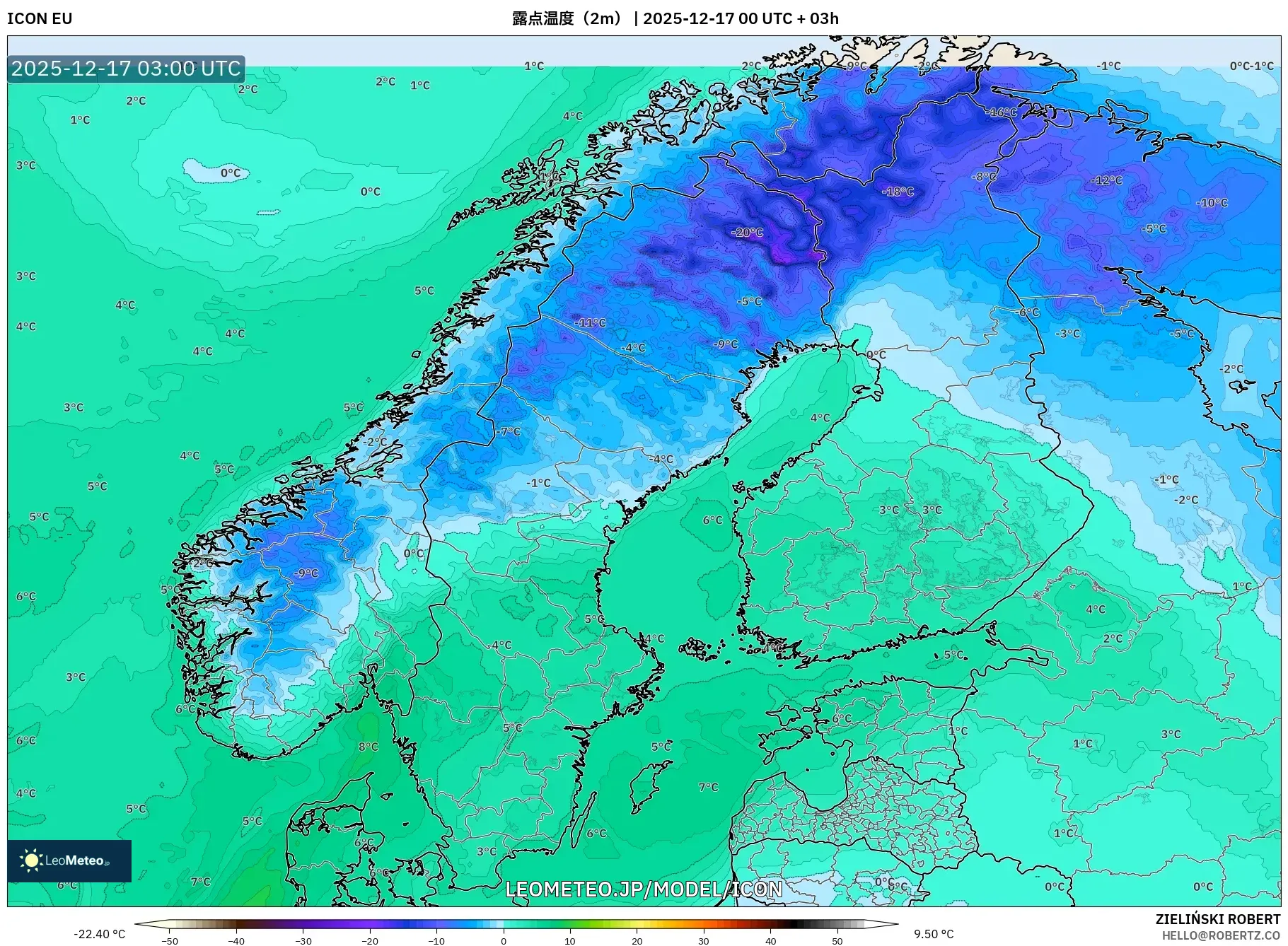 ICON model - スカンジナビア, 露点温度（2m）