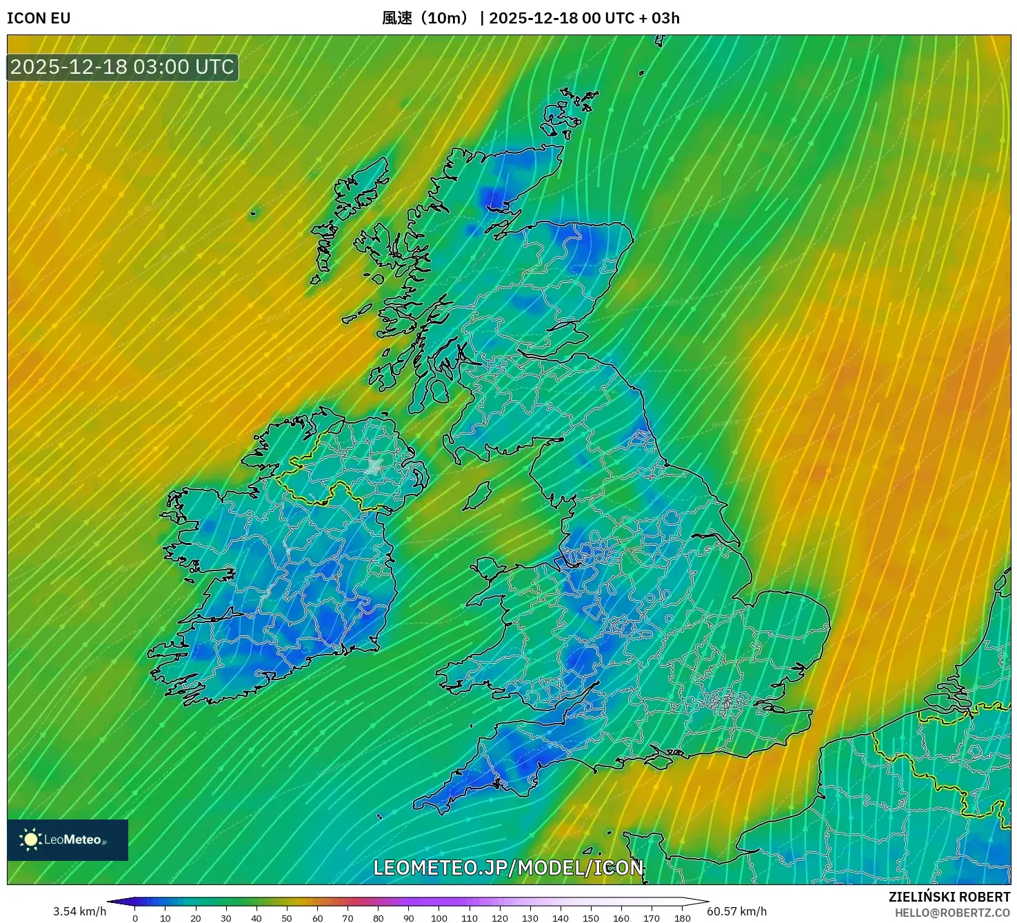 ICON model - イギリス, 風速（10m）