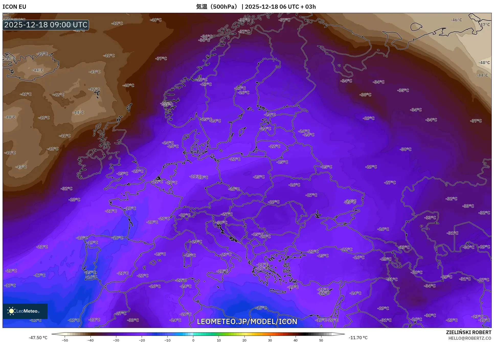 ICON model - ヨーロッパ, 気温（500hPa）