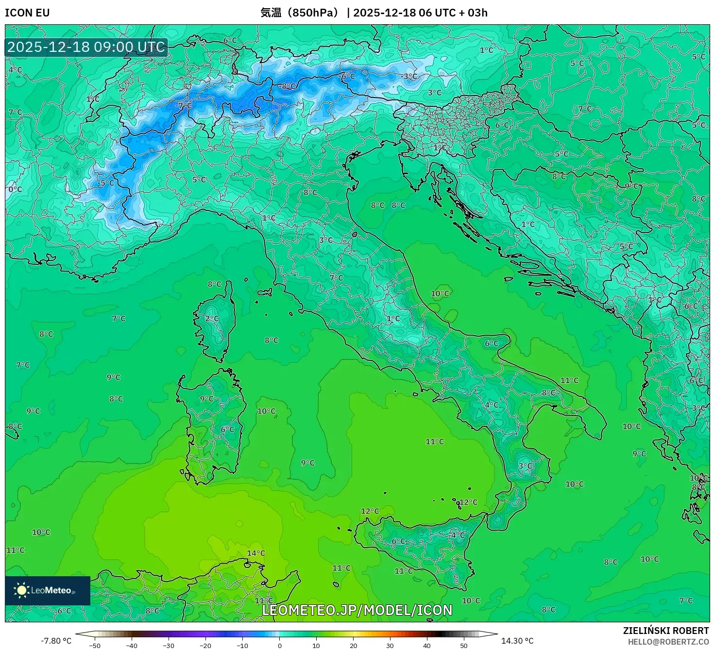 ICON model - イタリア, 気温（850hPa）