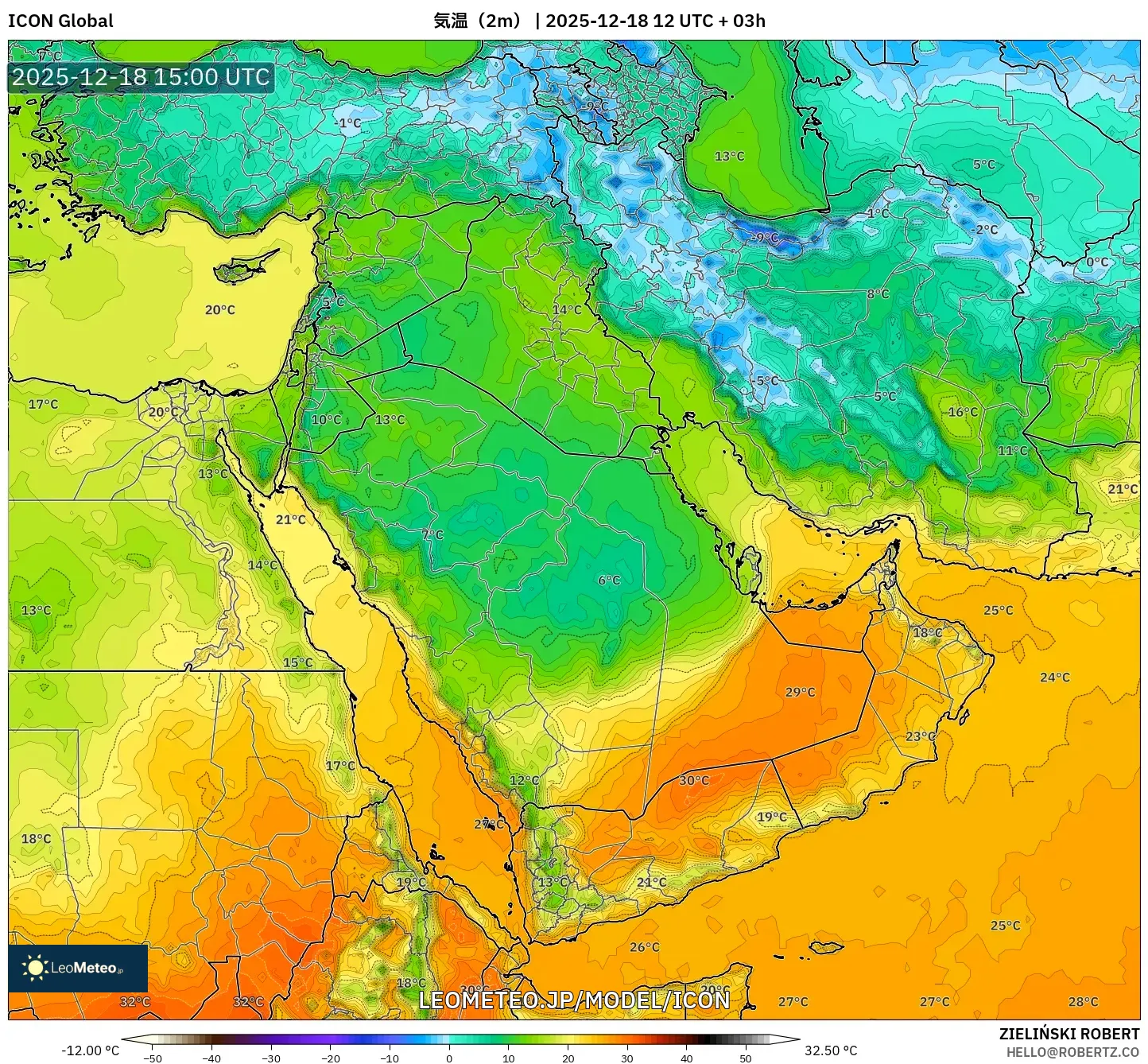ICON model - 中東, 気温（2m）