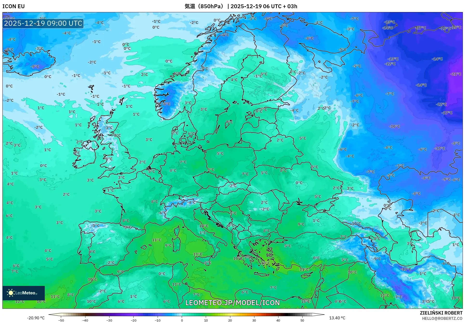 ICON model - ヨーロッパ, 気温（850hPa）