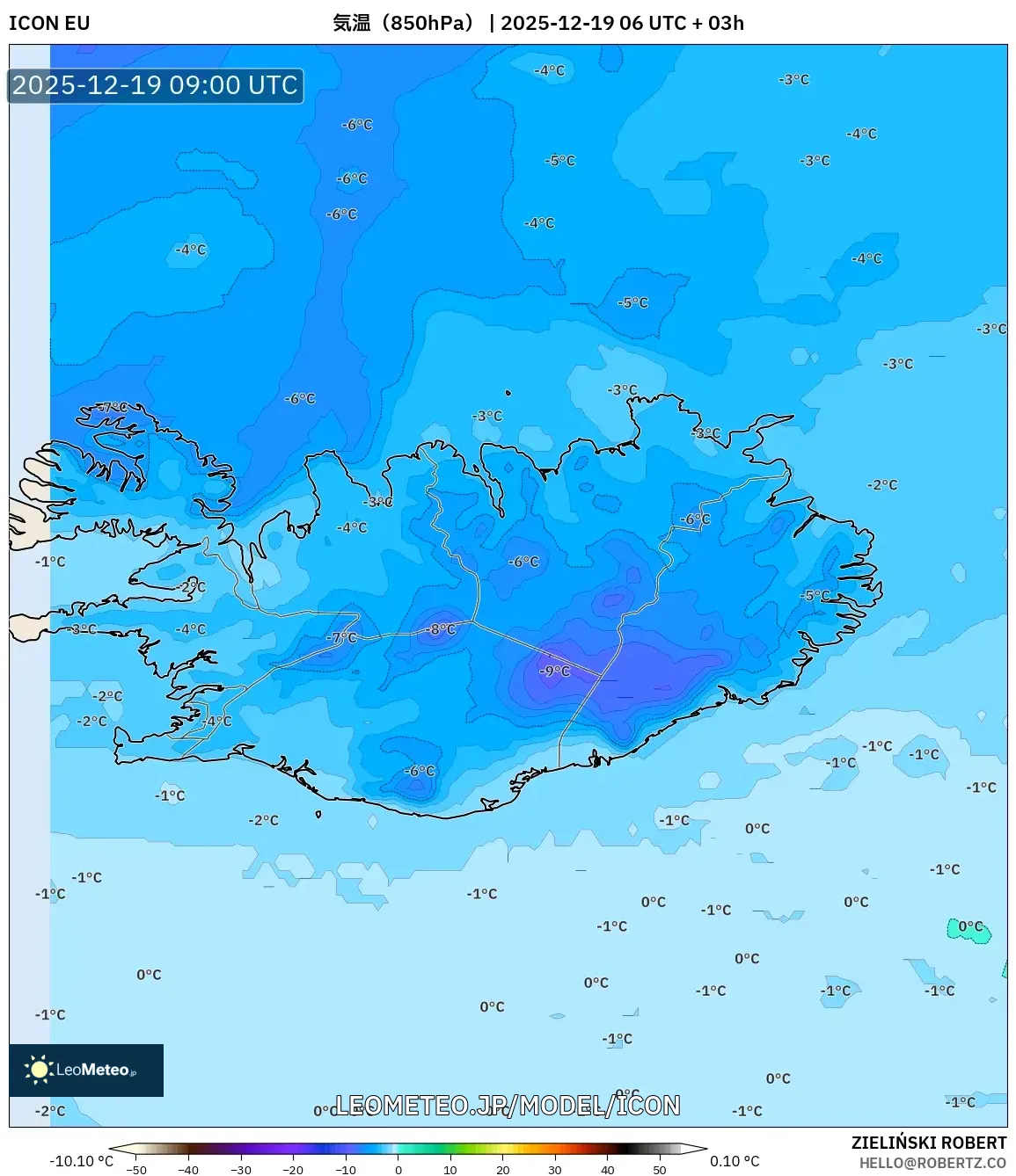 ICON model - アイスランド, 気温（850hPa）
