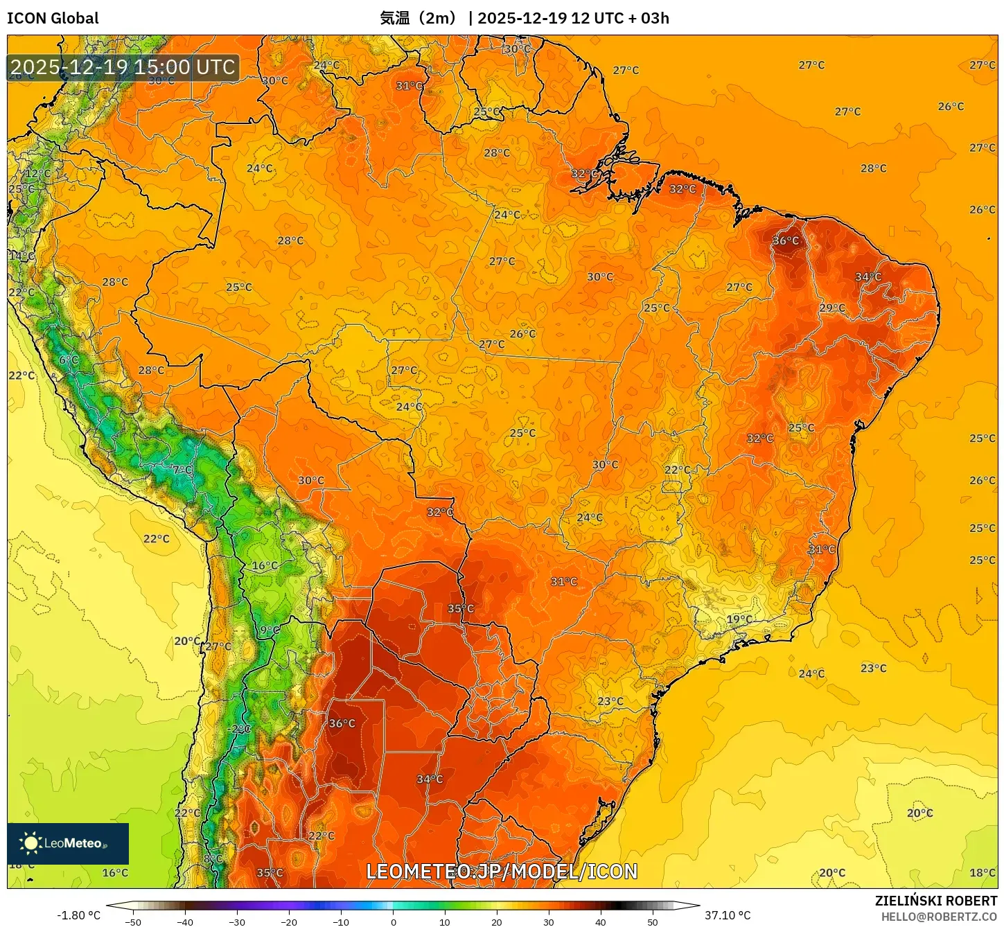 ICON model - ブラジル, 気温（2m）