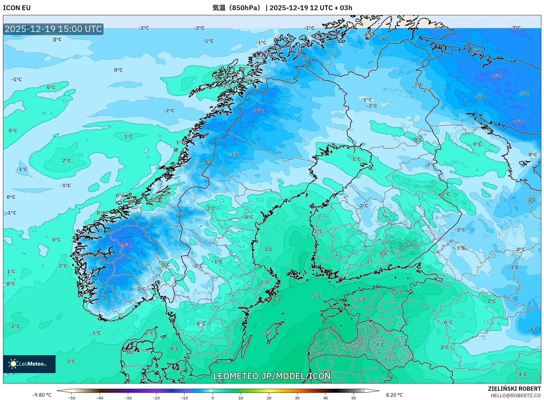 ICON model - スカンジナビア, 気温（850hPa）