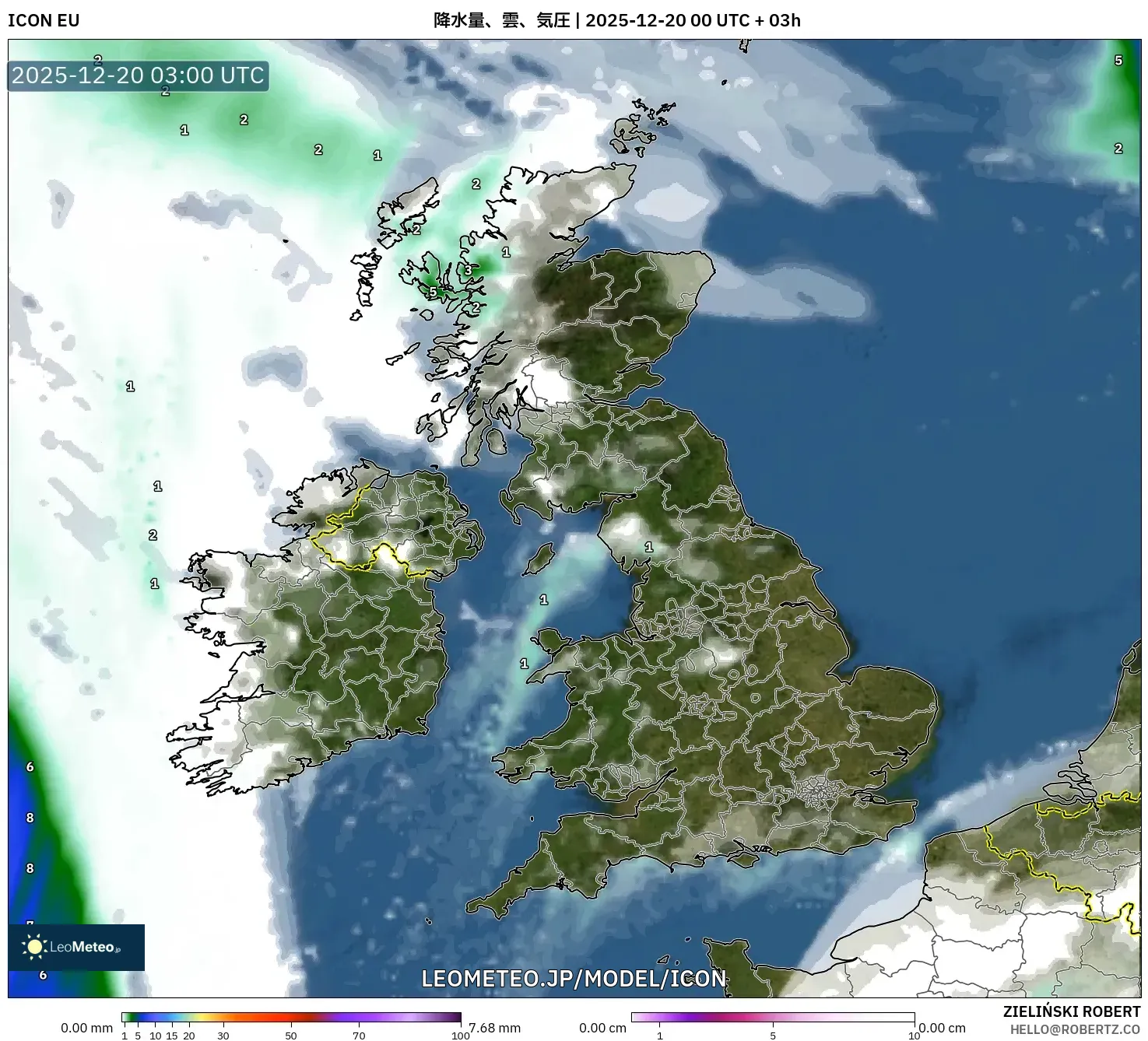 ICON model - イギリス, 降水量、雲、気圧