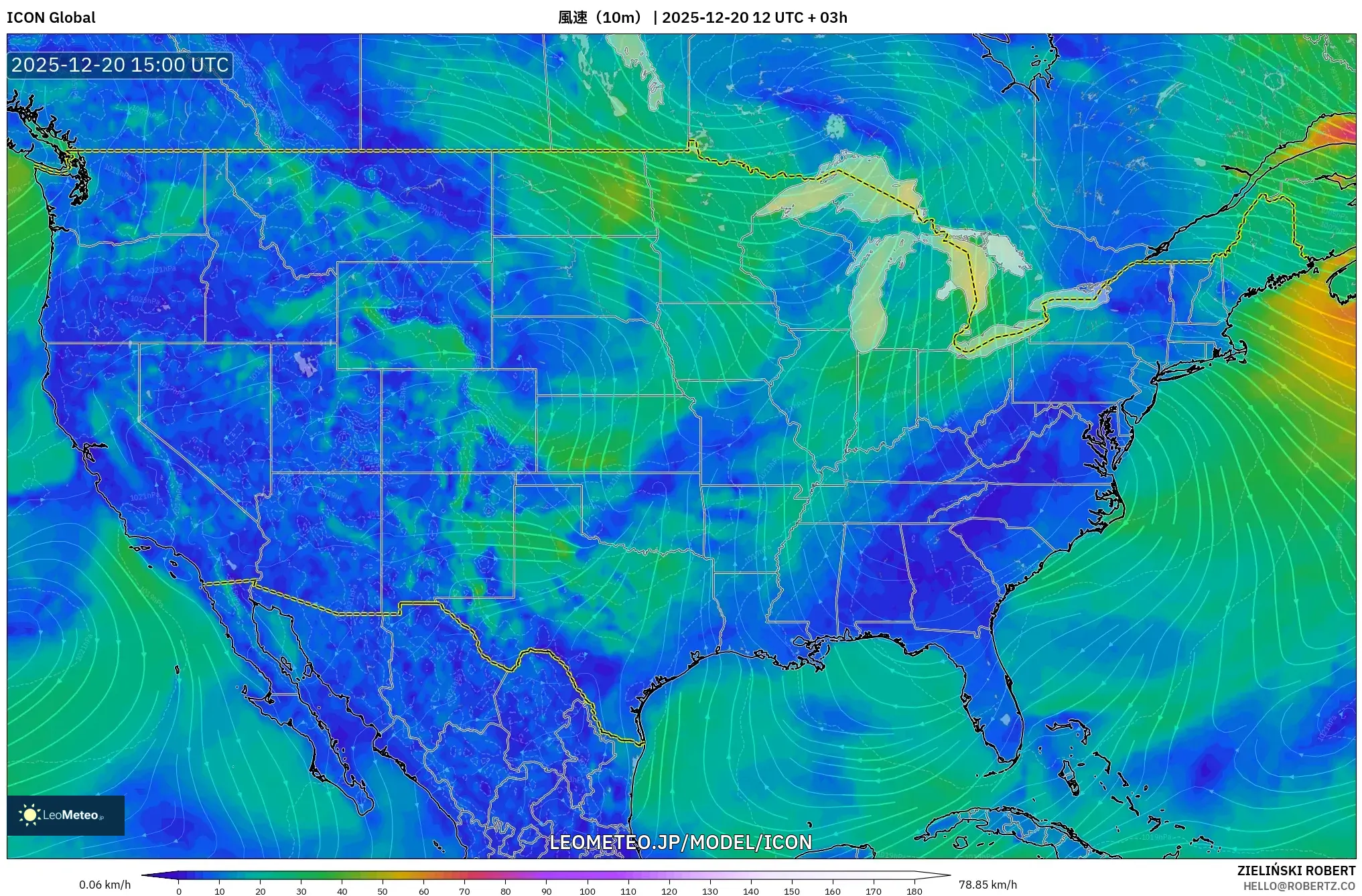 ICON model - アメリカ合衆国, 風速（10m）