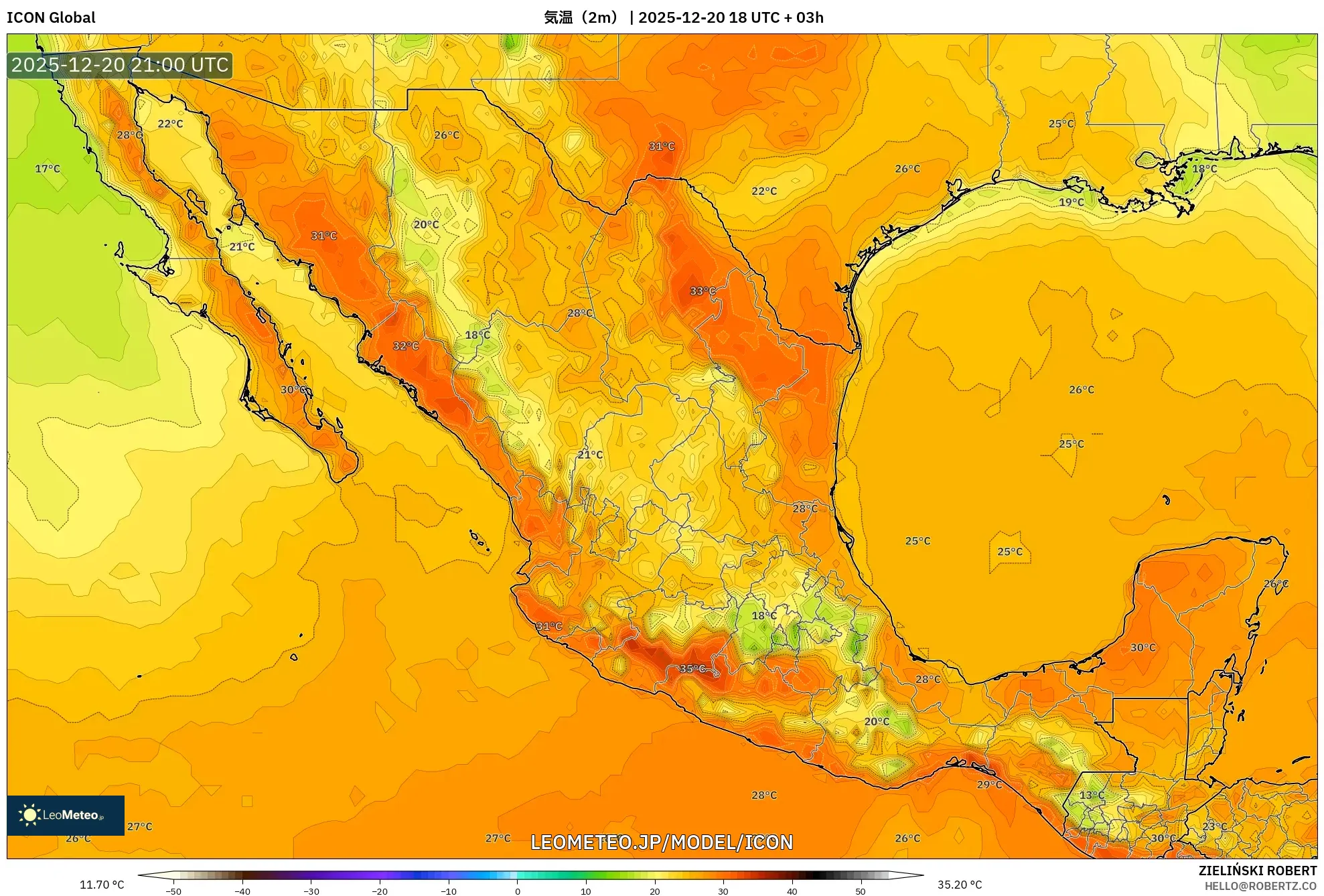 ICON model - メキシコ, 気温（2m）