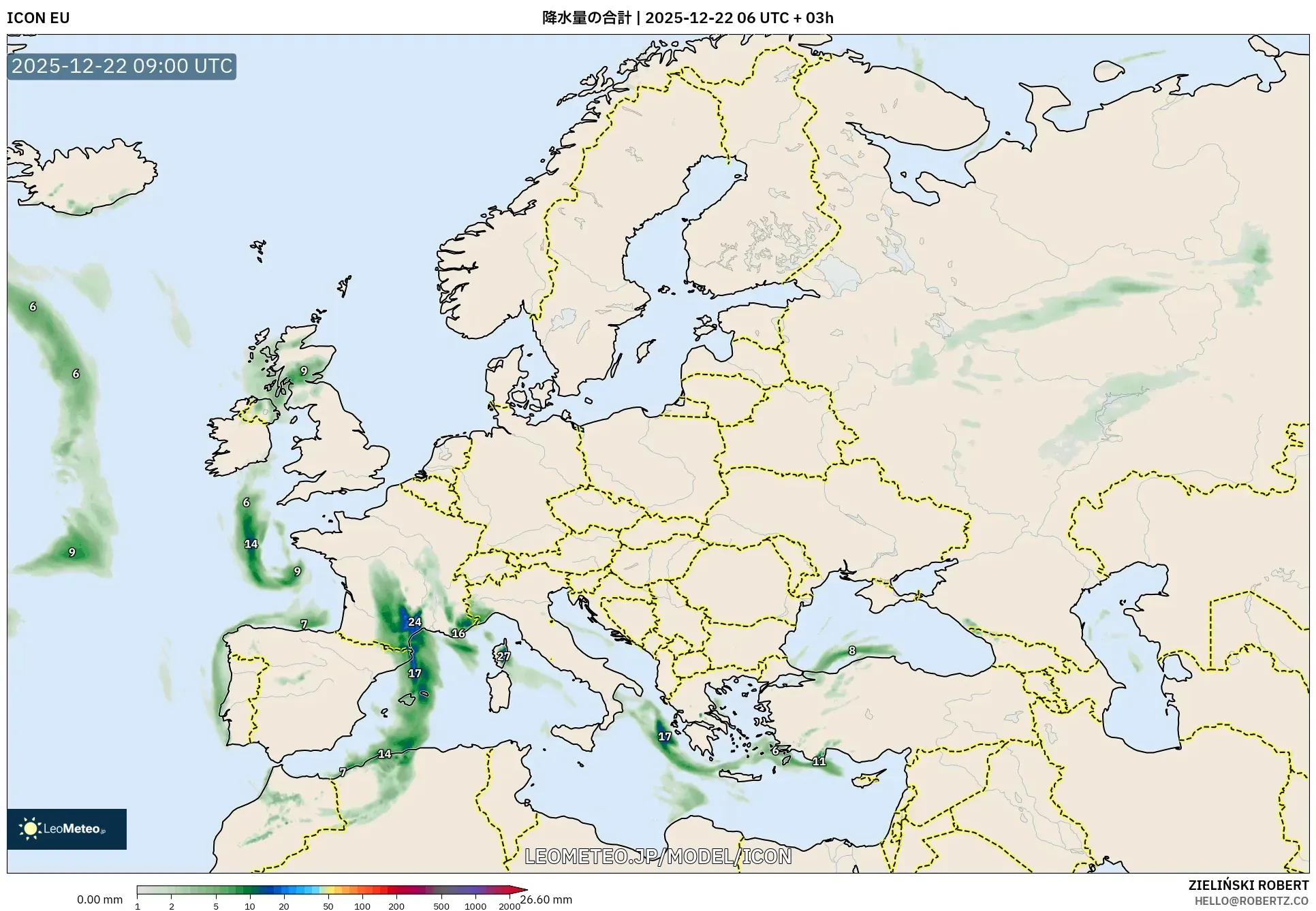 ICON model - ヨーロッパ, 降水量の合計