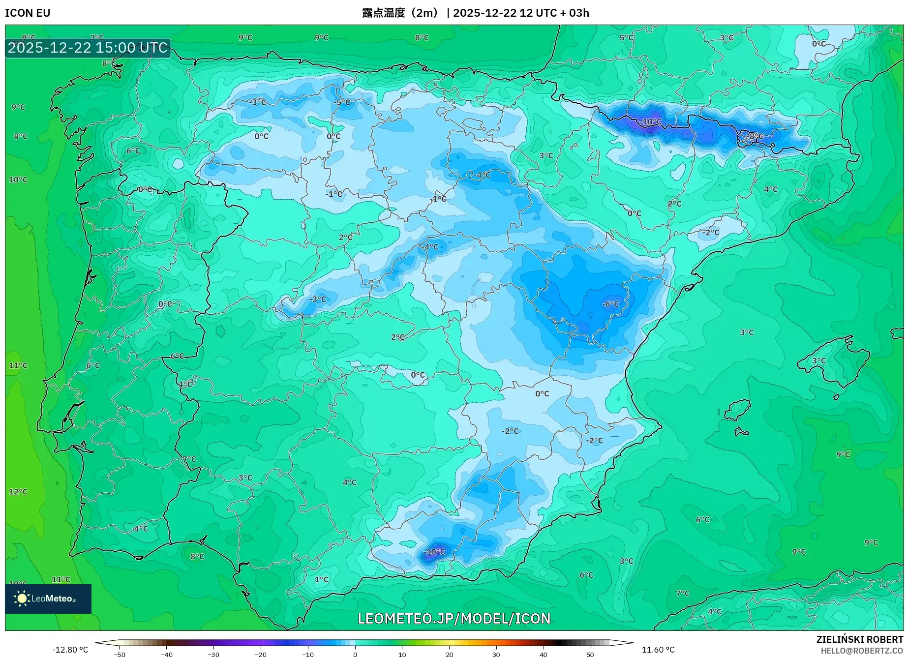 ICON model - スペイン, 露点温度（2m）