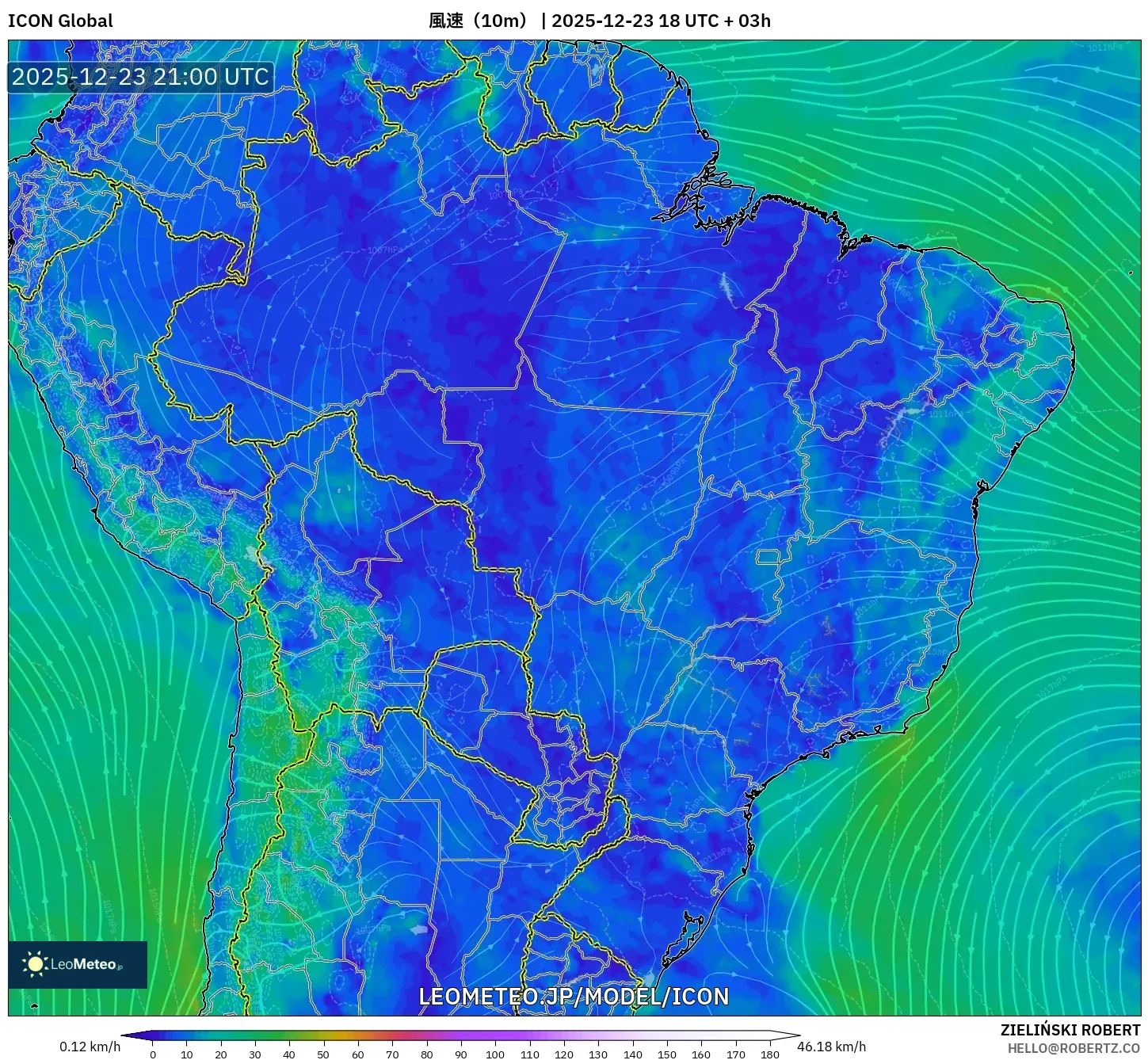 ICON model - ブラジル, 風速（10m）