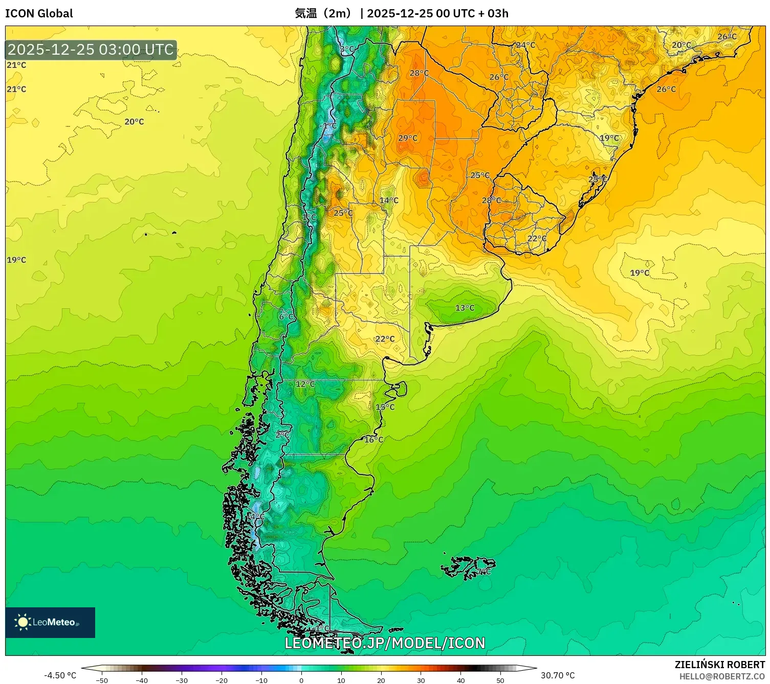 ICON model - アルゼンチン, 気温（2m）