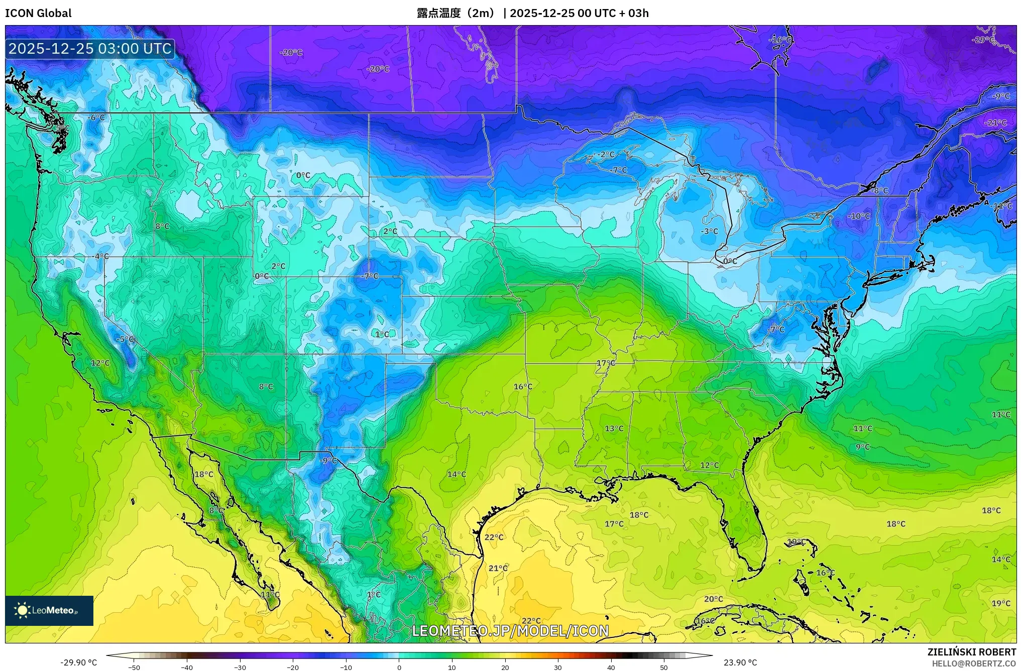 ICON model - アメリカ合衆国, 露点温度（2m）