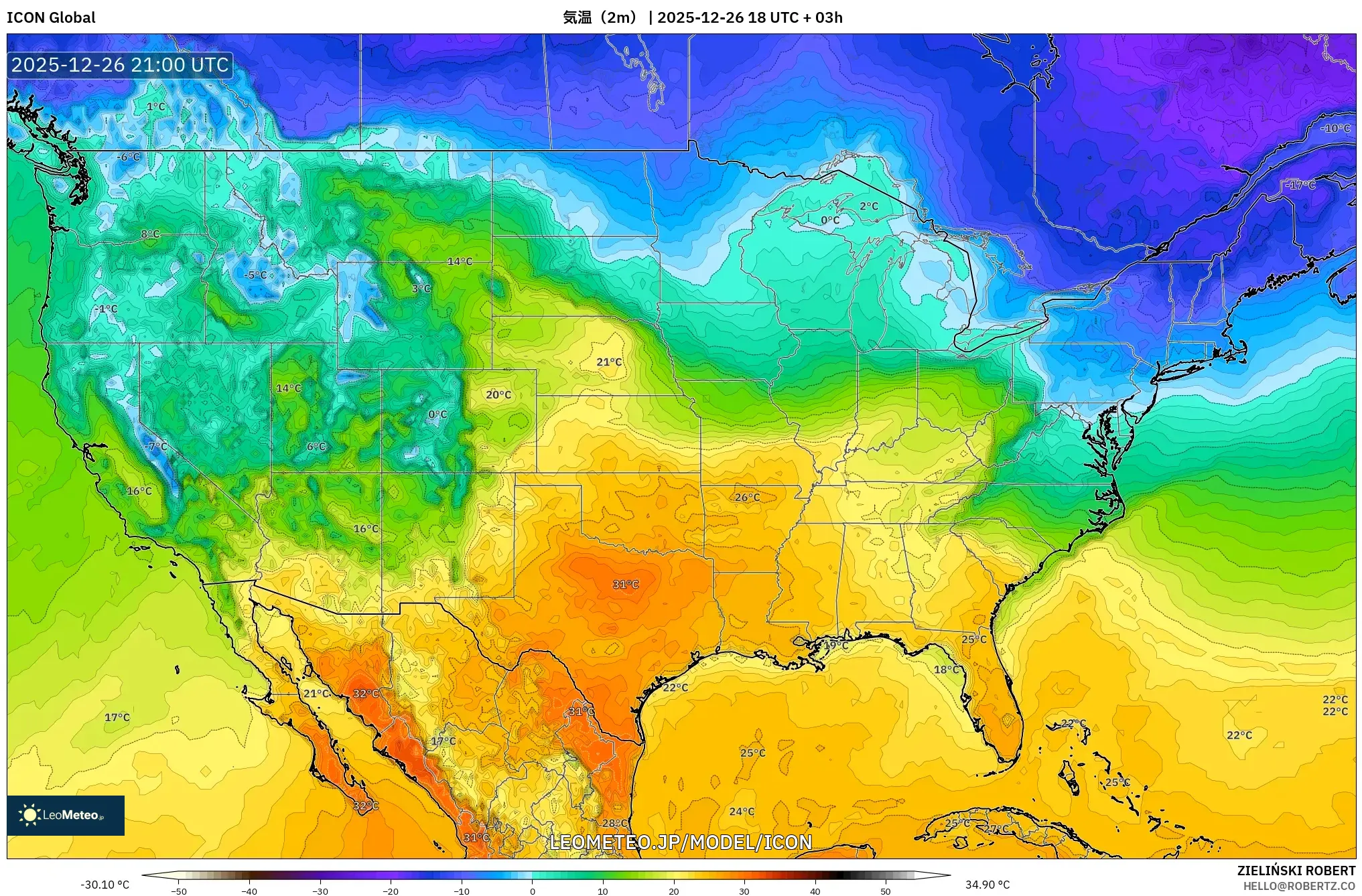 ICON model - アメリカ合衆国, 気温（2m）