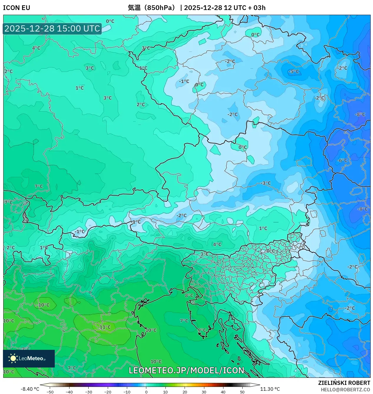ICON model - オーストリア, 気温（850hPa）