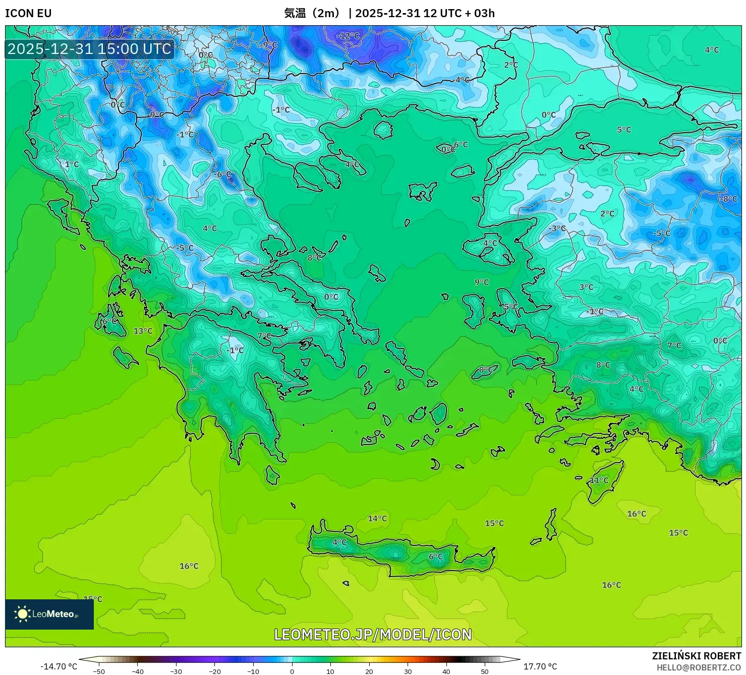 ICON model - ギリシャ, 気温（2m）
