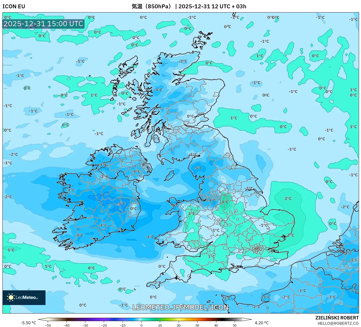 ICON model - イギリス, 気温（850hPa）
