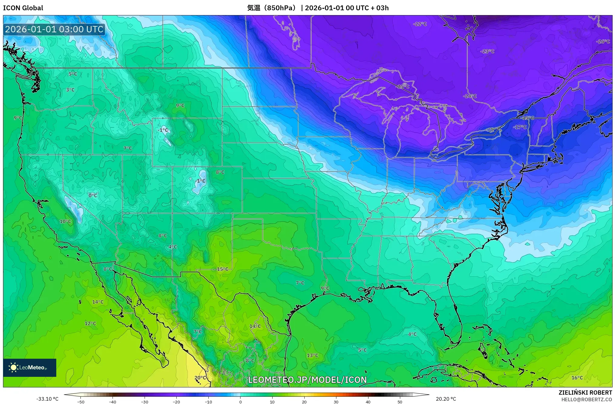 ICON model - アメリカ合衆国, 気温（850hPa）