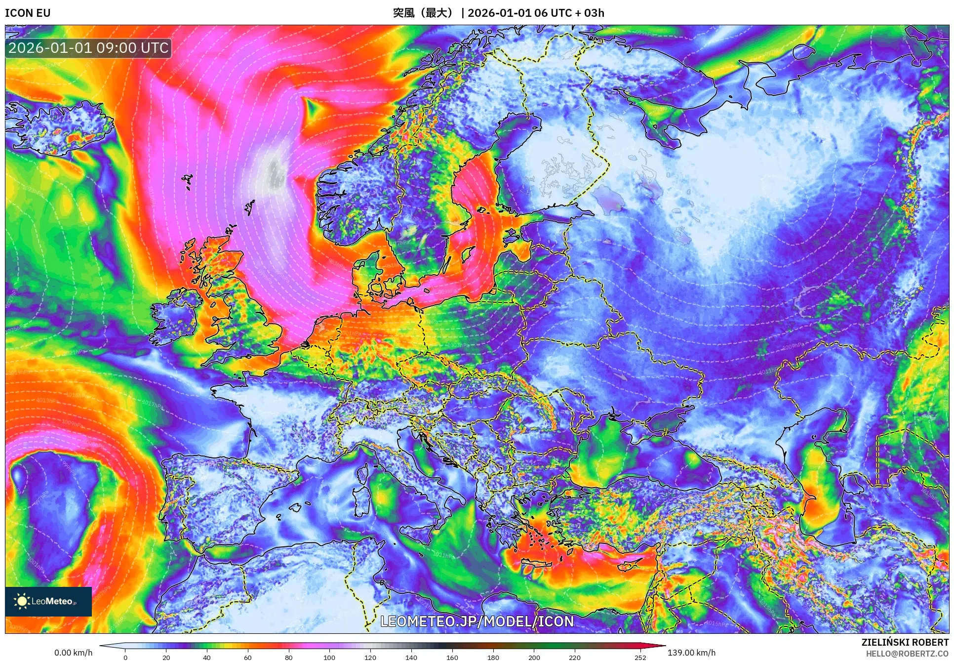 ICON model - ヨーロッパ, 突風（最大）