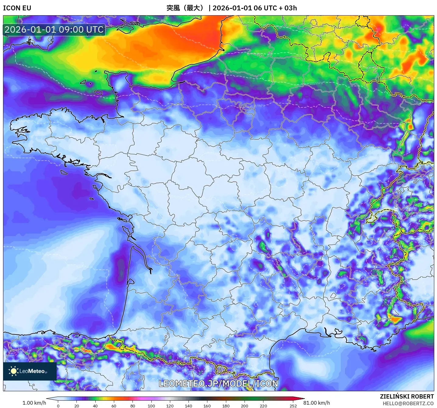 ICON model - フランス, 突風（最大）