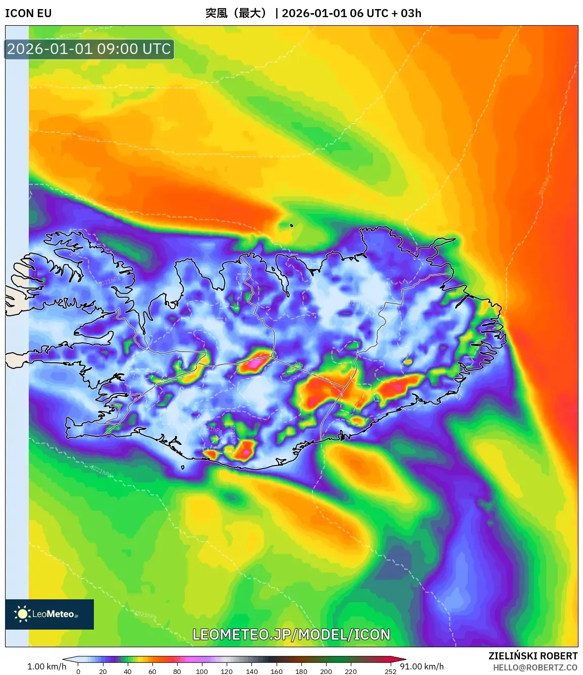 ICON model - アイスランド, 突風（最大）
