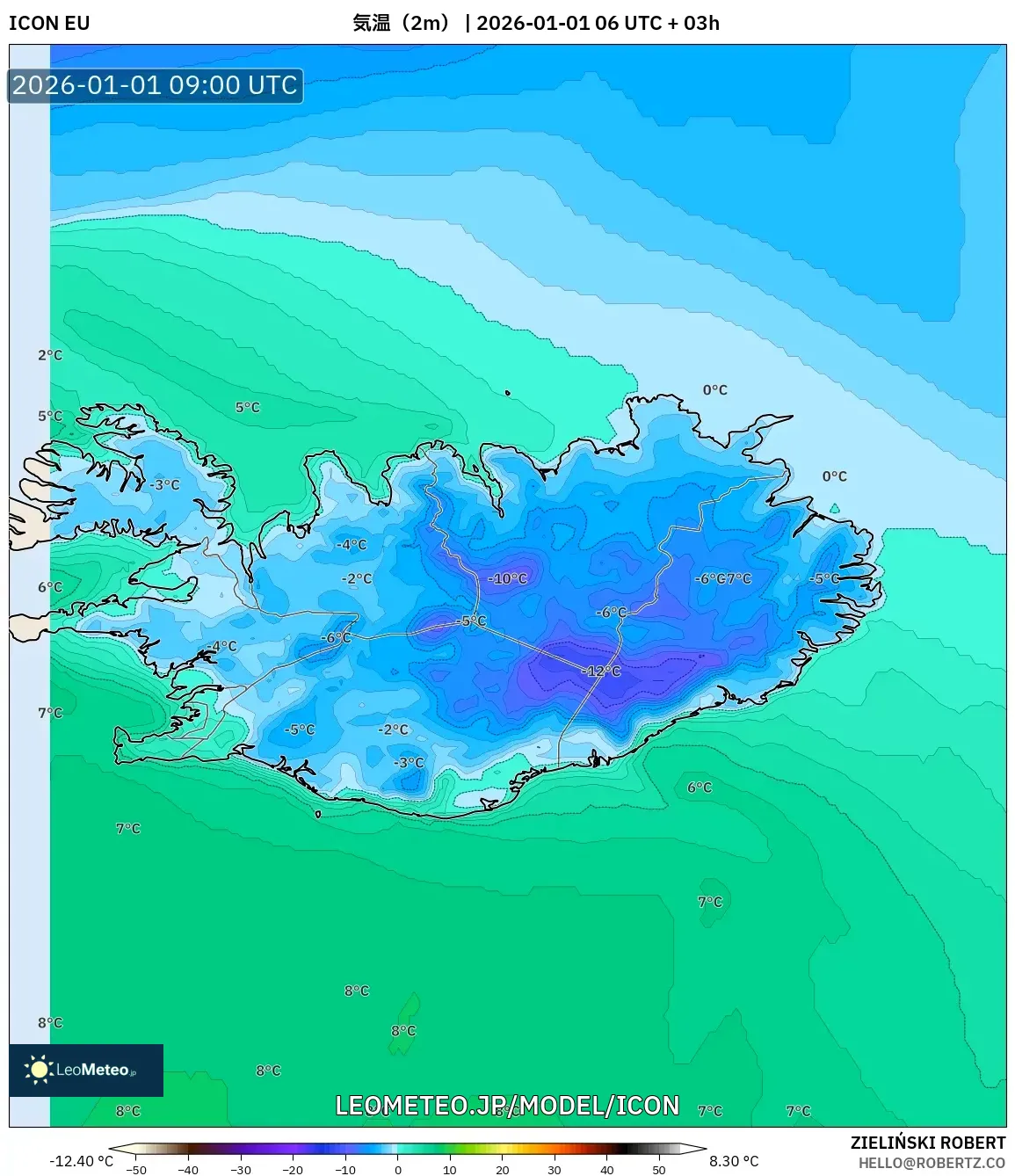 ICON model - アイスランド, 気温（2m）