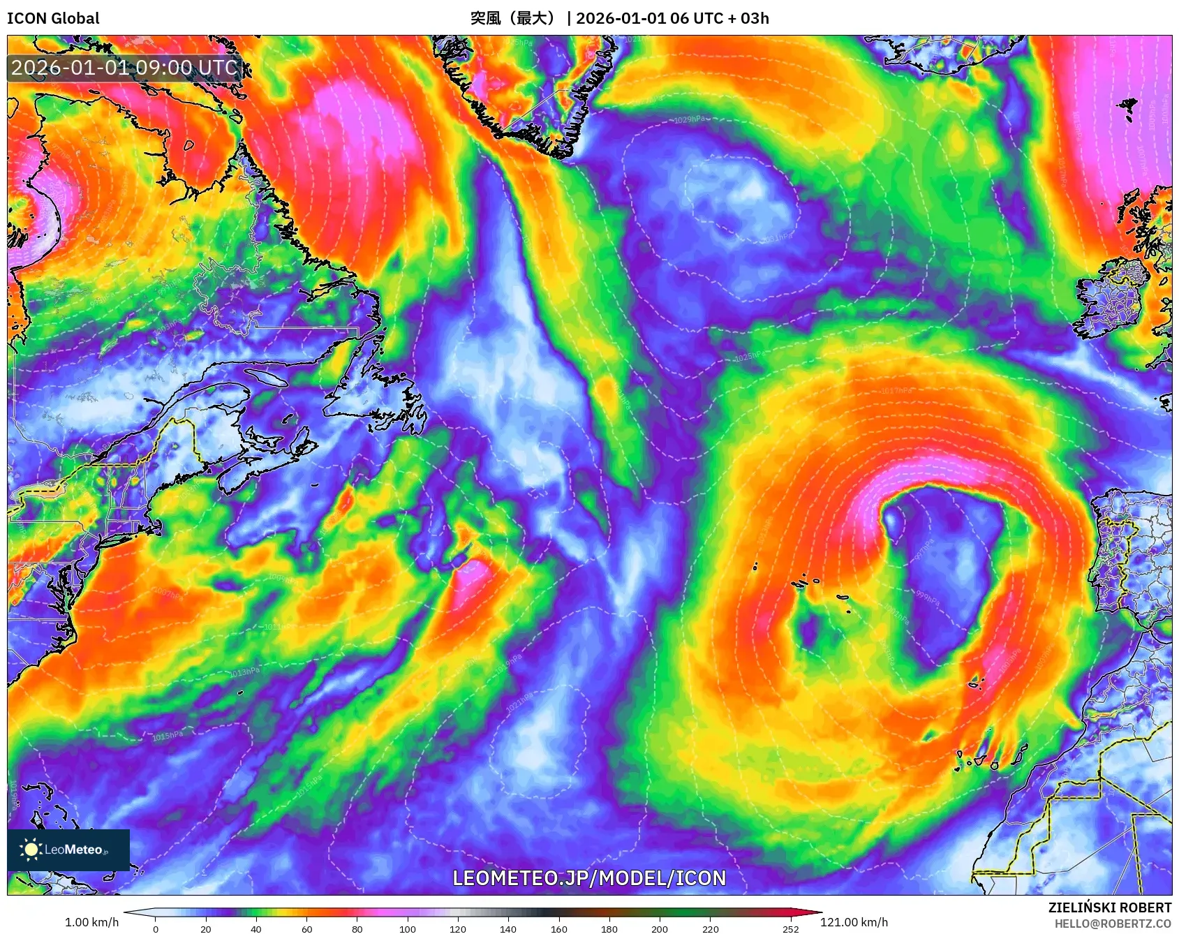 ICON model - 北大西洋, 突風（最大）
