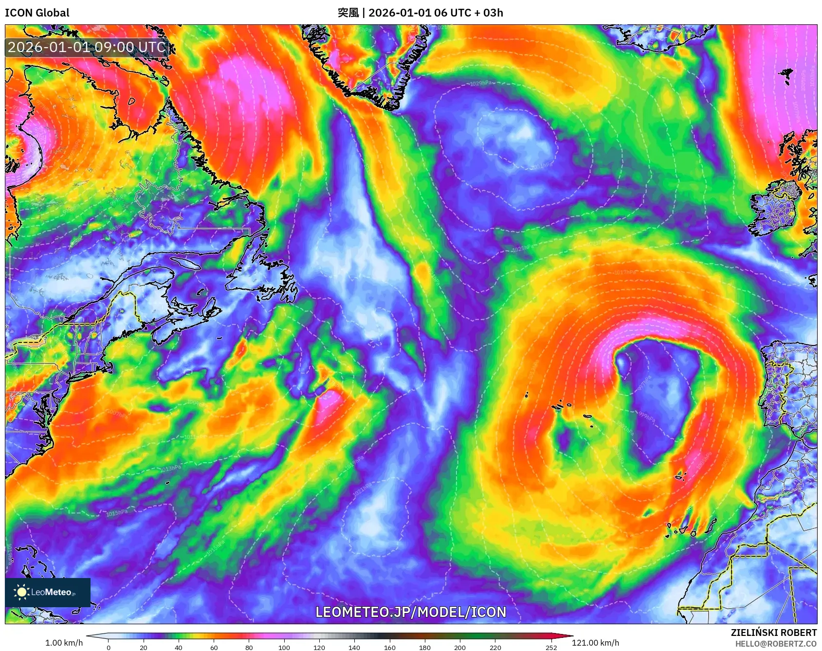 ICON model - 北大西洋, 突風