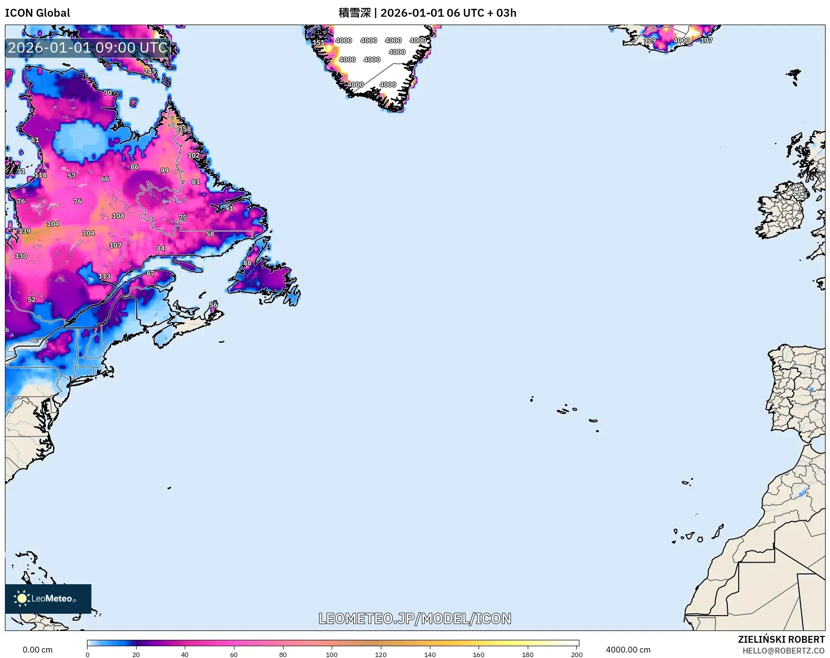 ICON model - 北大西洋, 積雪深