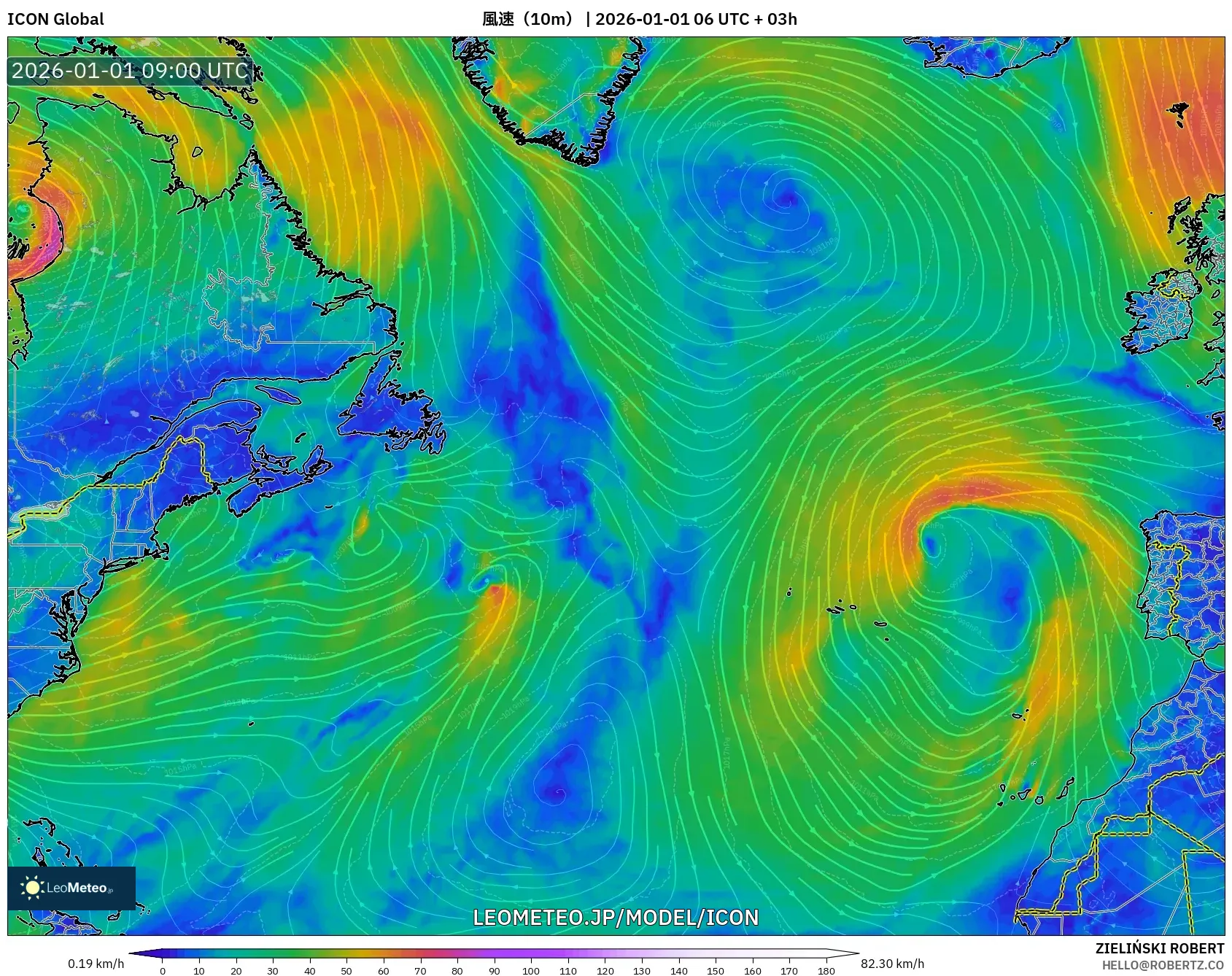 ICON model - 北大西洋, 風速（10m）