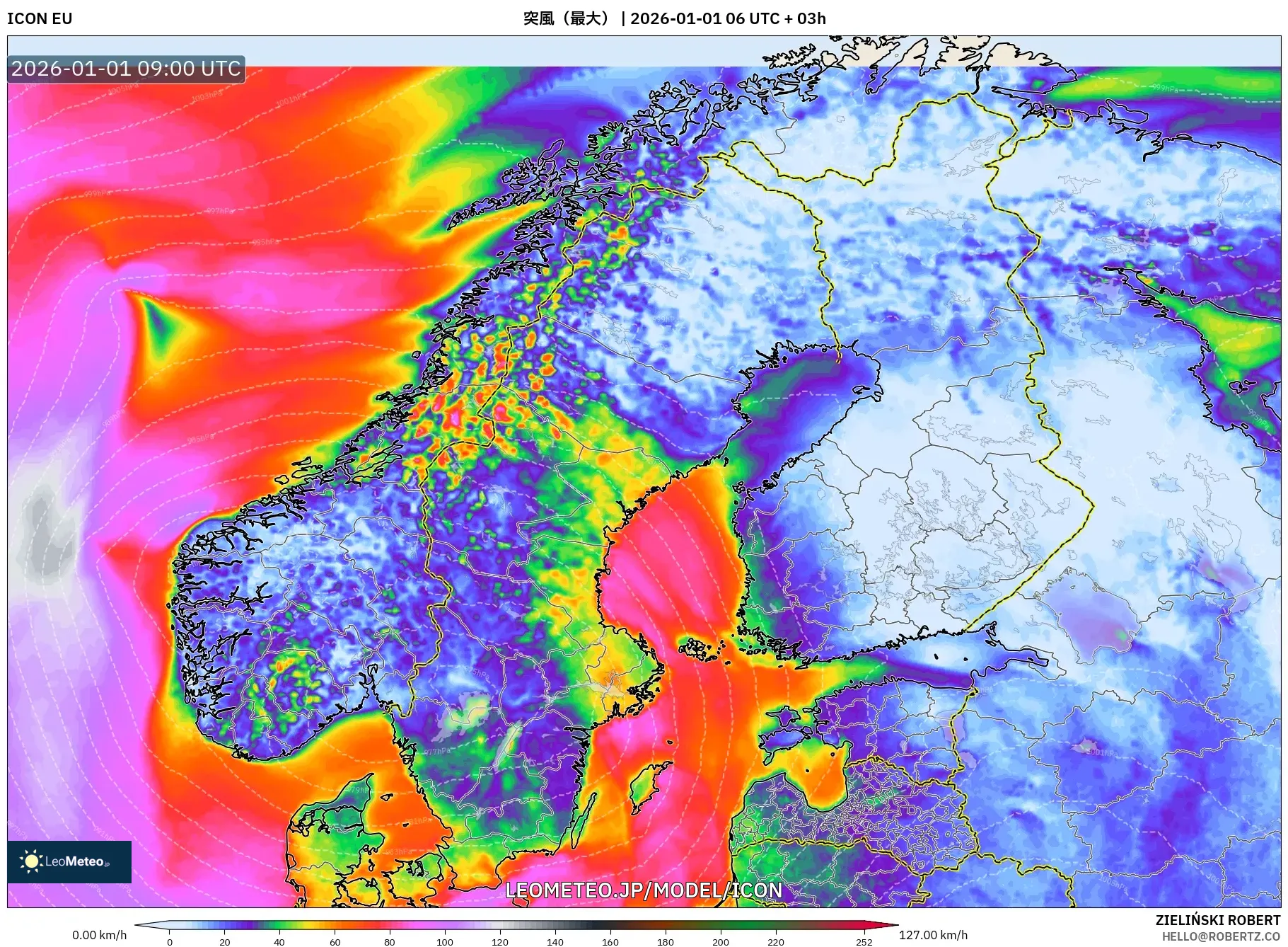 ICON model - スカンジナビア, 突風（最大）