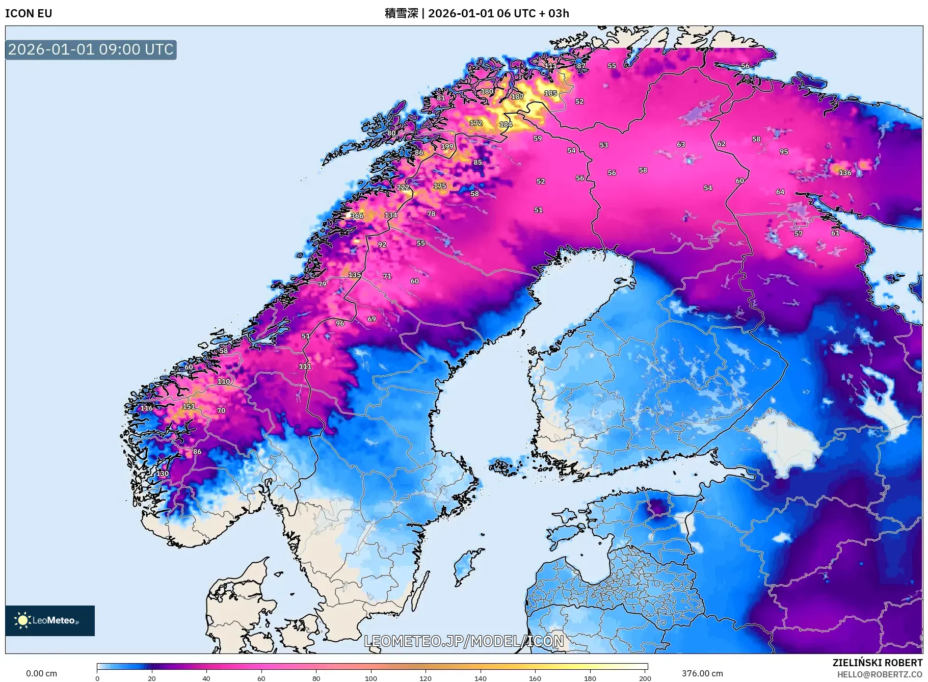 ICON model - スカンジナビア, 積雪深