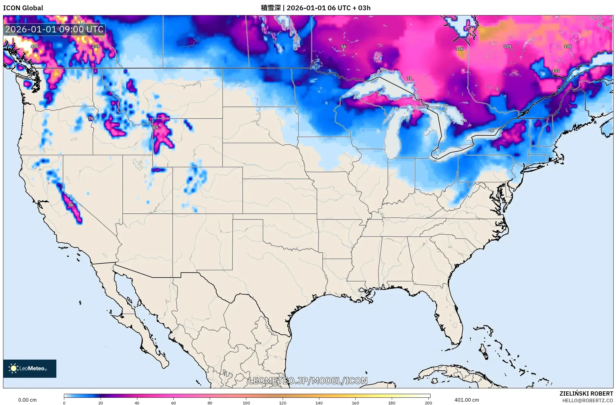 ICON model - アメリカ合衆国, 積雪深