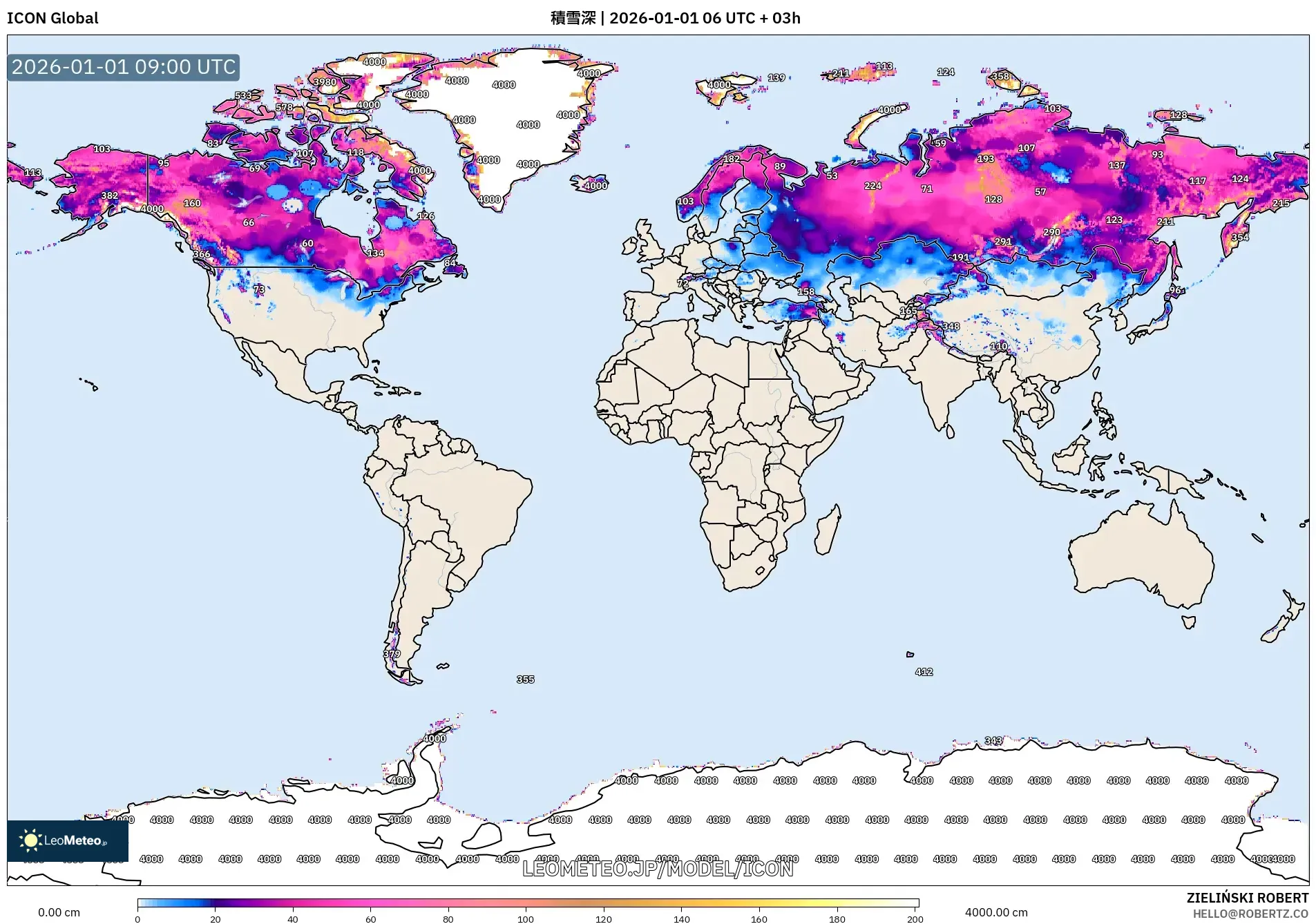 ICON model - 世界, 積雪深