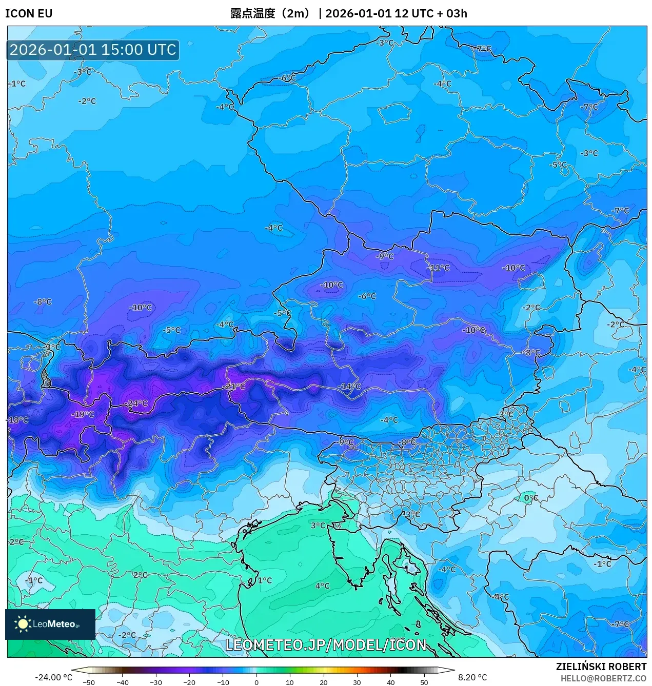 ICON model - オーストリア, 露点温度（2m）