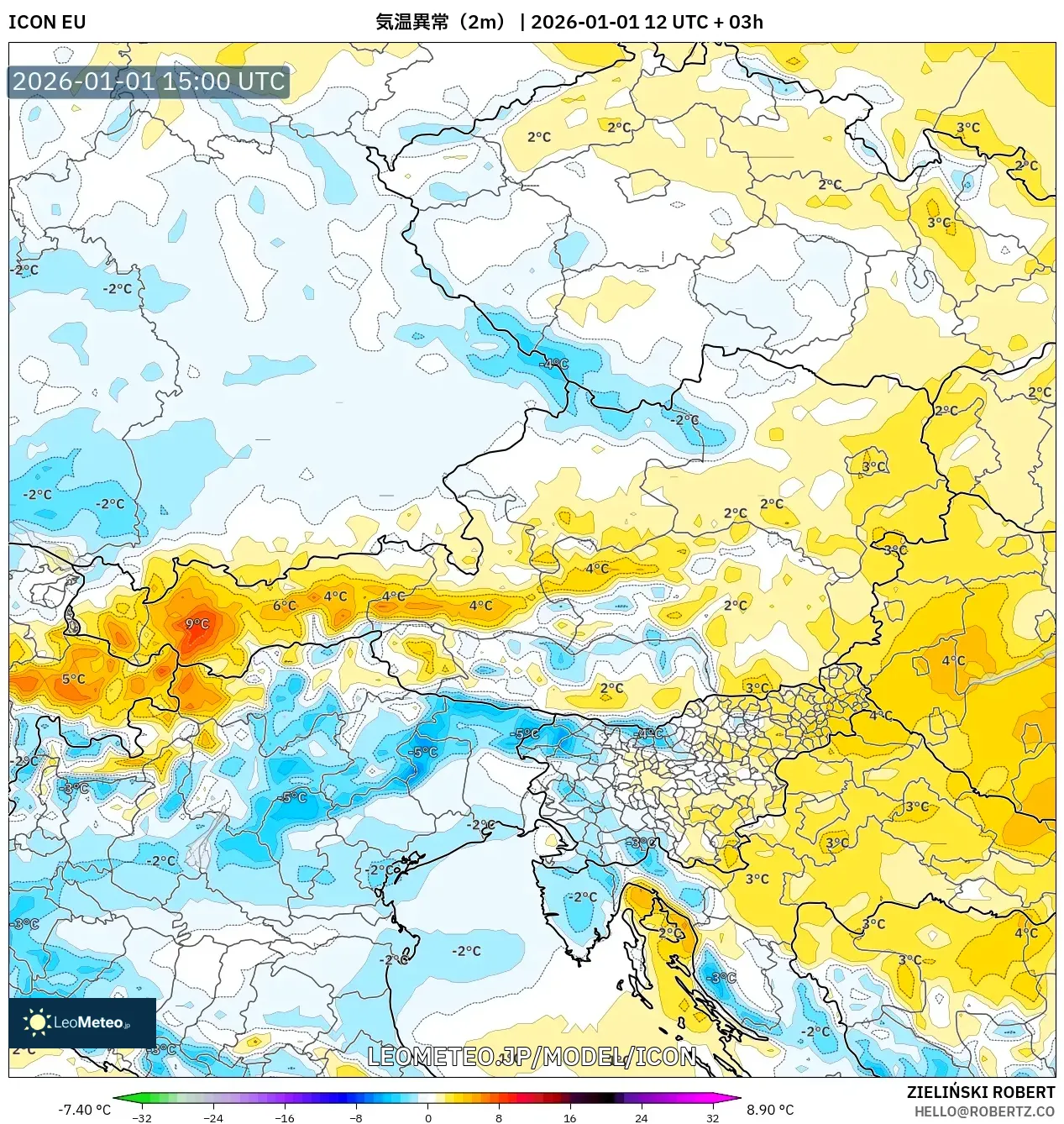 ICON model - オーストリア, 気温異常（2m）