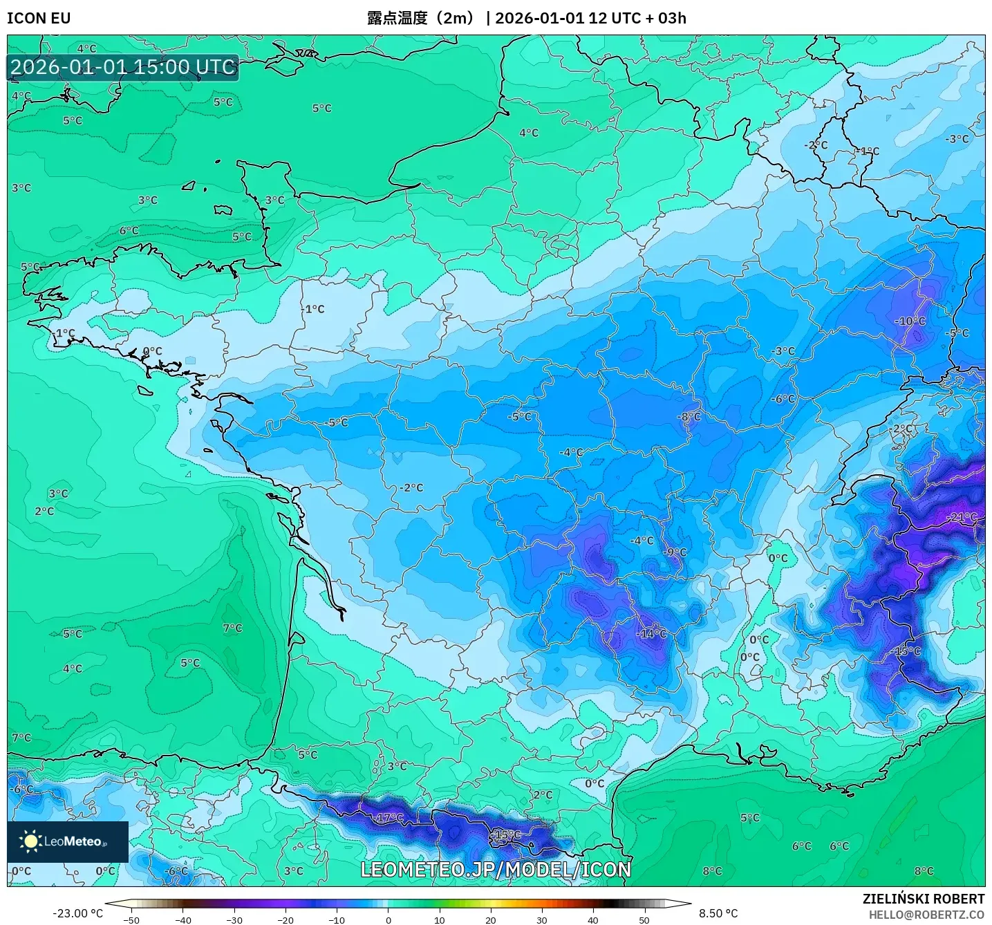 ICON model - フランス, 露点温度（2m）