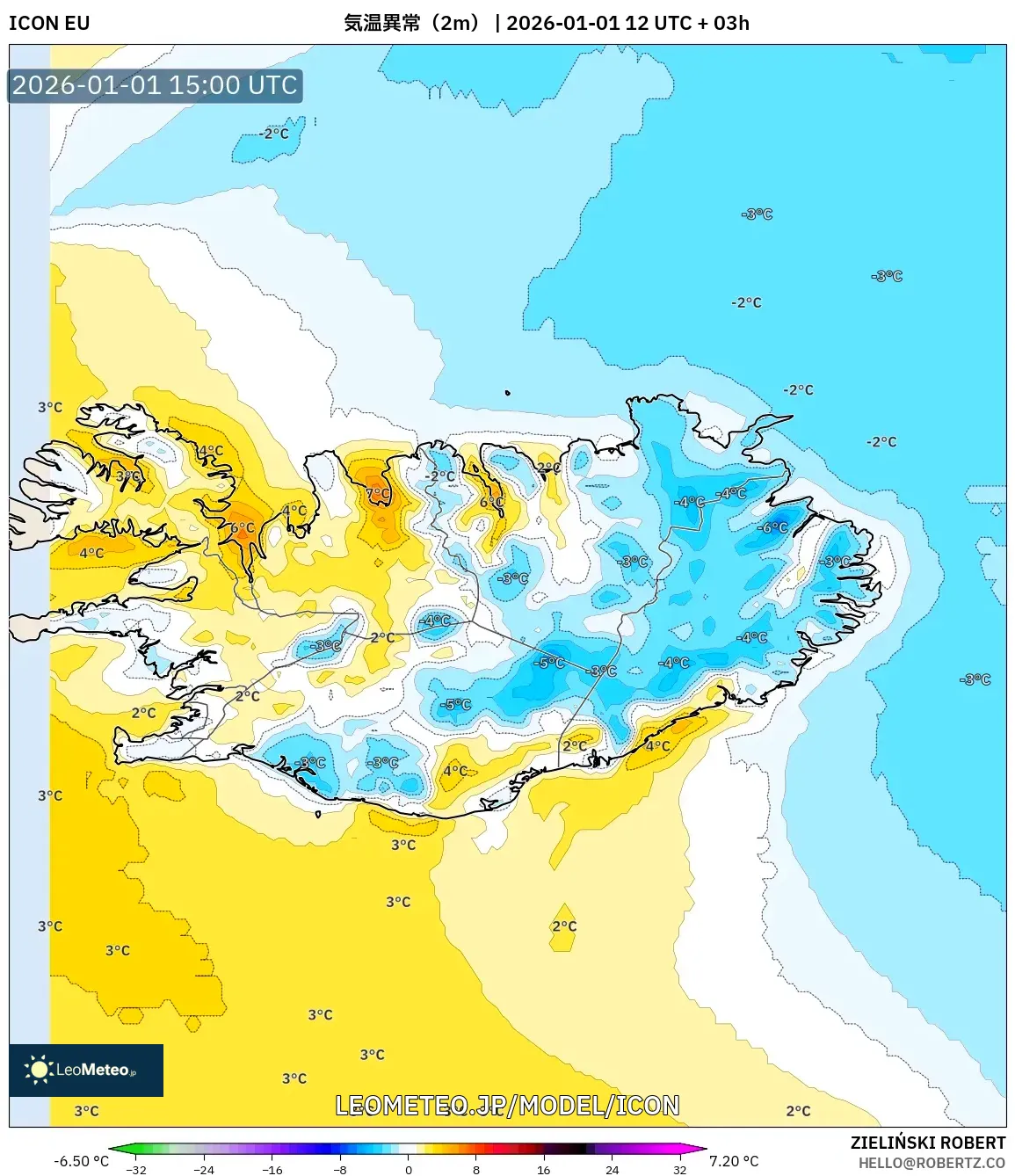 ICON model - アイスランド, 気温異常（2m）