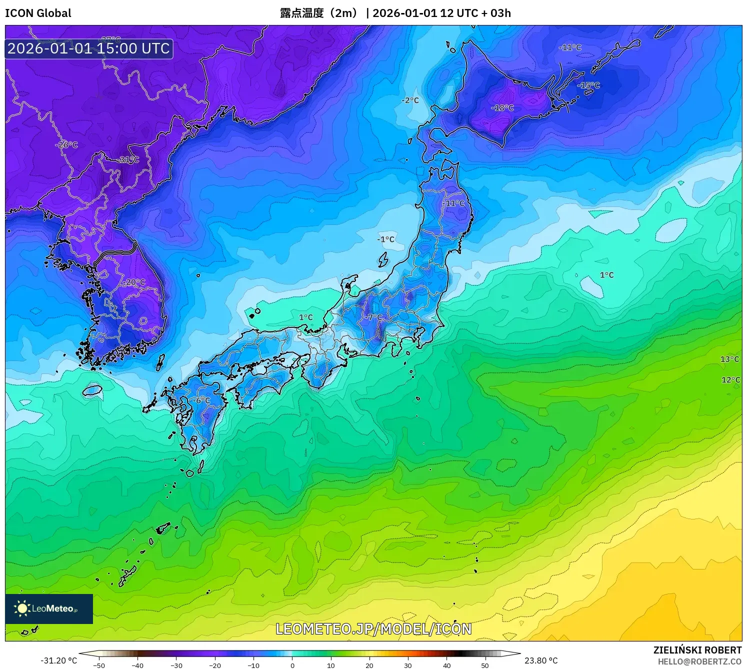 ICON model - 日本, 露点温度（2m）
