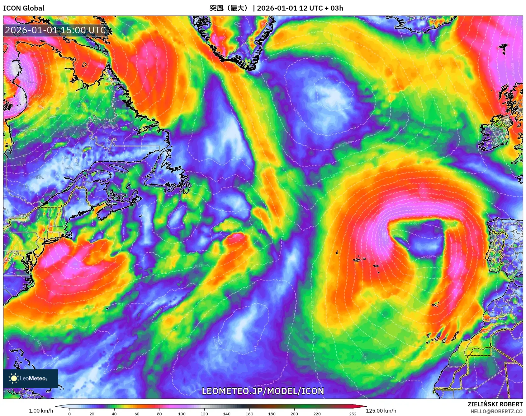 ICON model - 北大西洋, 突風（最大）